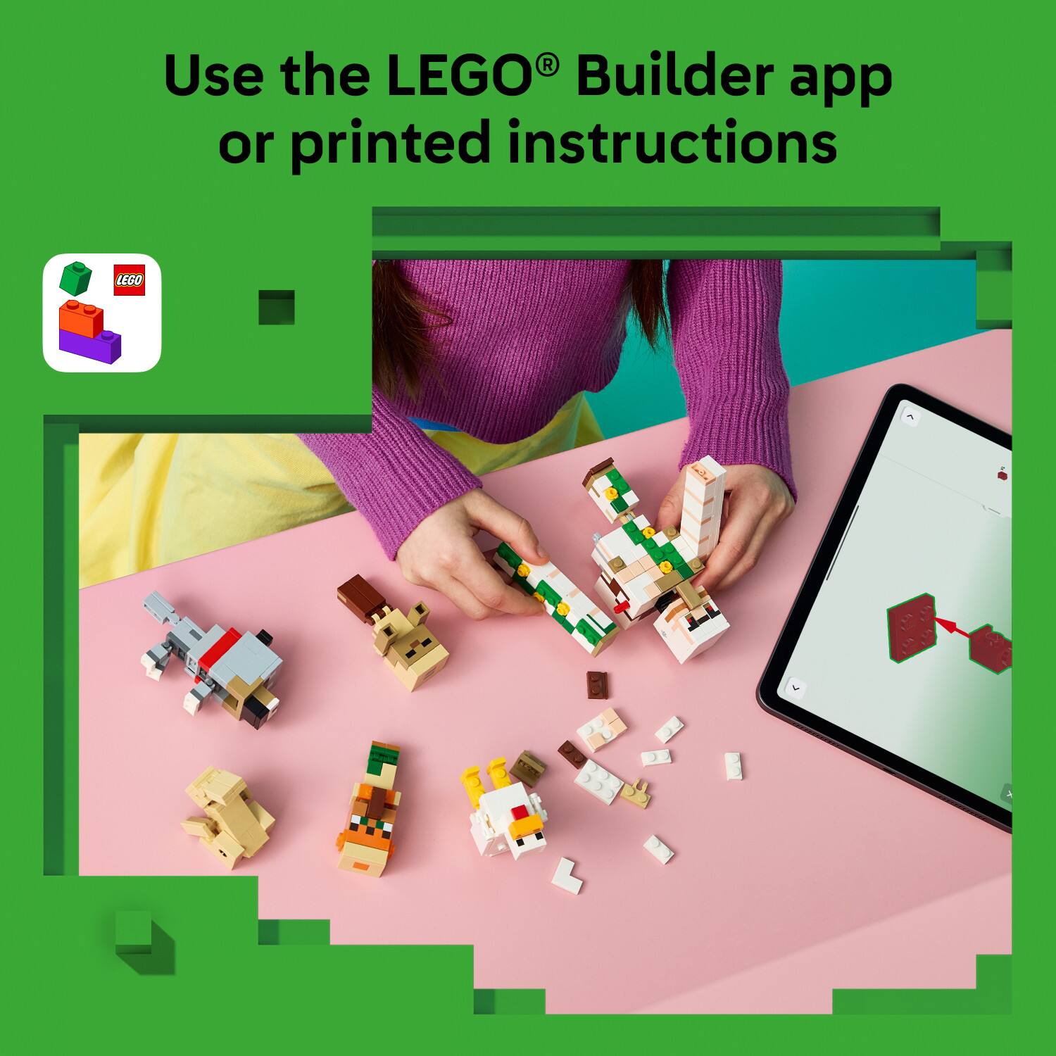 Use the LEGO® Builder app or printed instructions