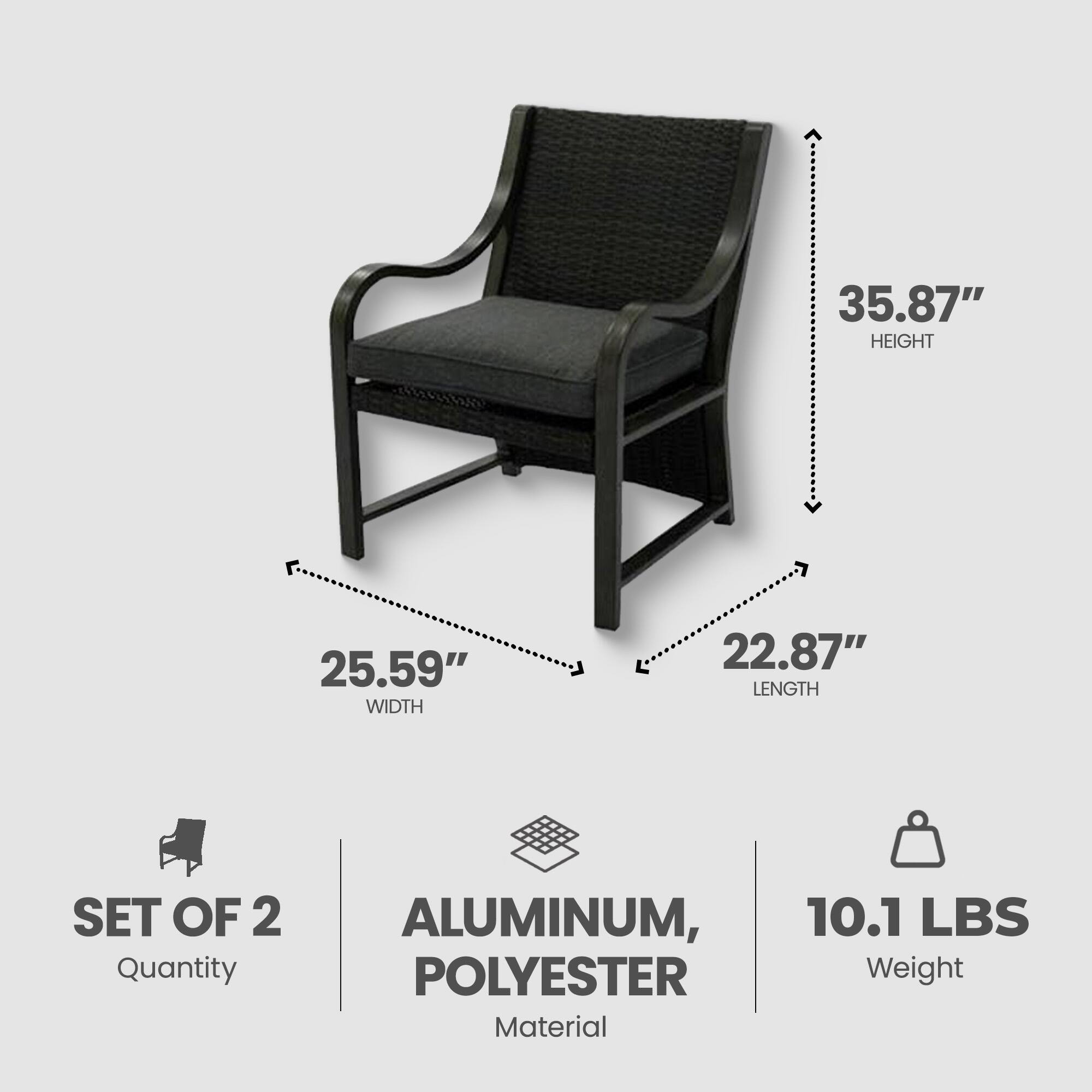 35.87" HEIGHT  
25.59" WIDTH  
22.87" LENGTH  

SET OF 2  
Quantity  

ALUMINUM, POLYESTER  
Material  

10.1 LBS  
Weight