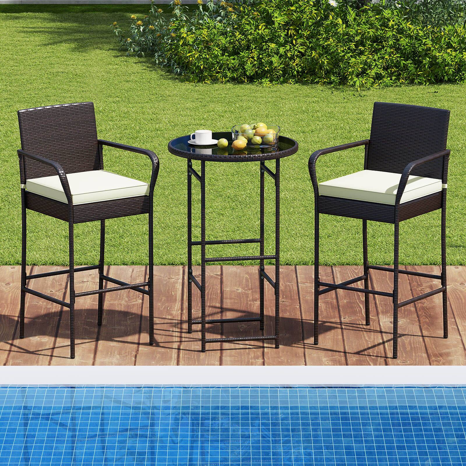 Alt View 4. Costway - Costway 3 Piece Outdoor Bar Set Heavy-Duty Metal Barstool & Table Set with  Glass Tabletop - Mix Brown,Off White.