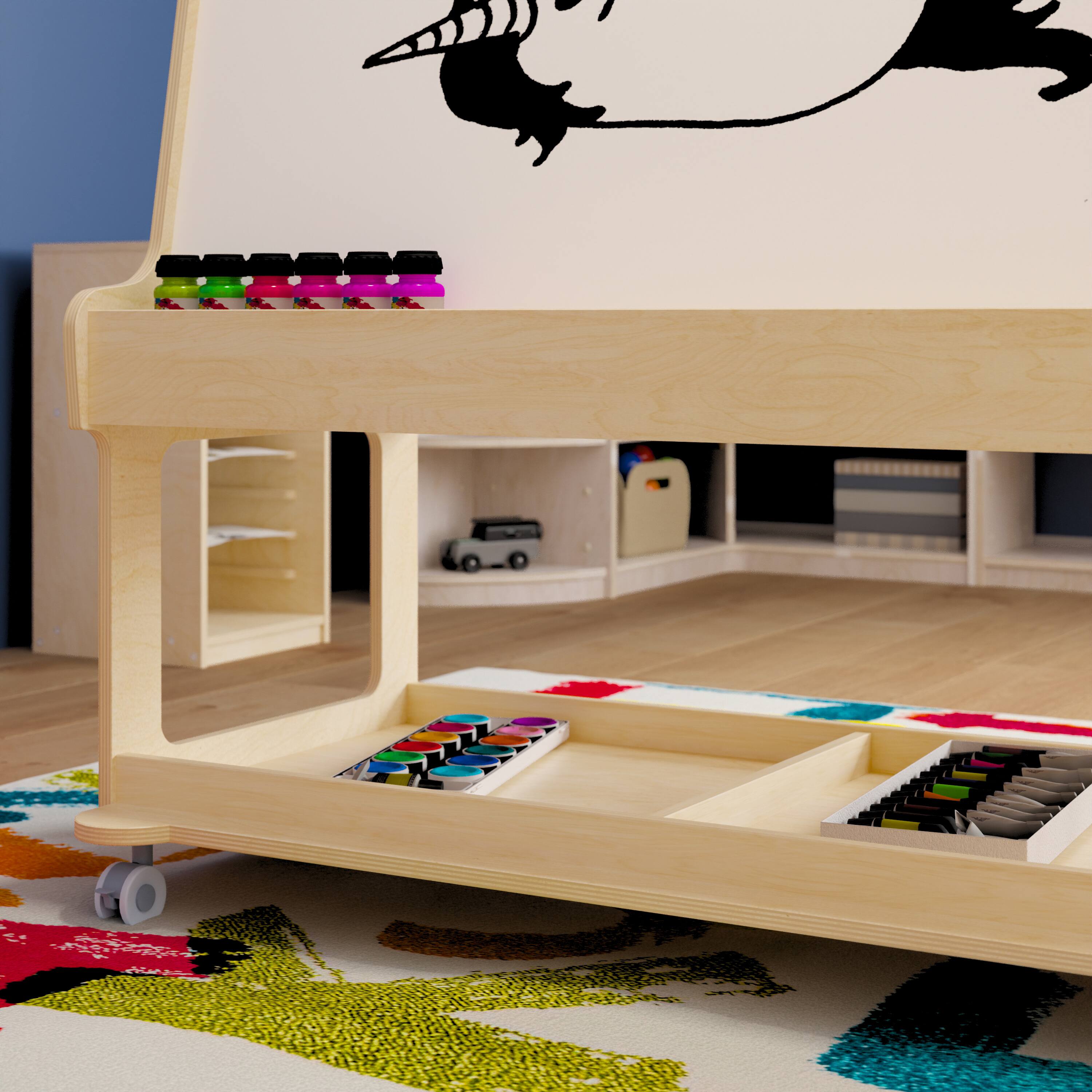 Alt View 2. Flash Furniture - Bright Beginnings Commercial Wooden Mobile Dual Sided 4 Person Art Station with Locking Caster Wheels and Bottom Shelf S - Natural.