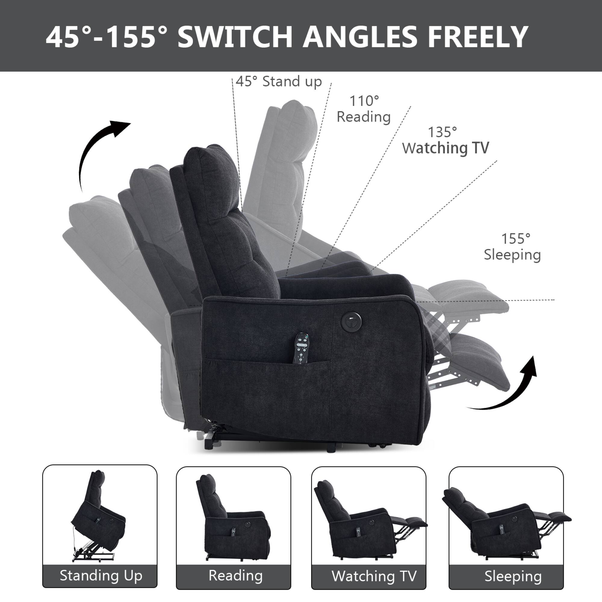 45°-155° SWITCH ANGLES FREELY

45° Stand up  
110° Reading  
135° Watching TV  
155° Sleeping  

Standing Up  
Reading  
Watching TV  
Sleeping