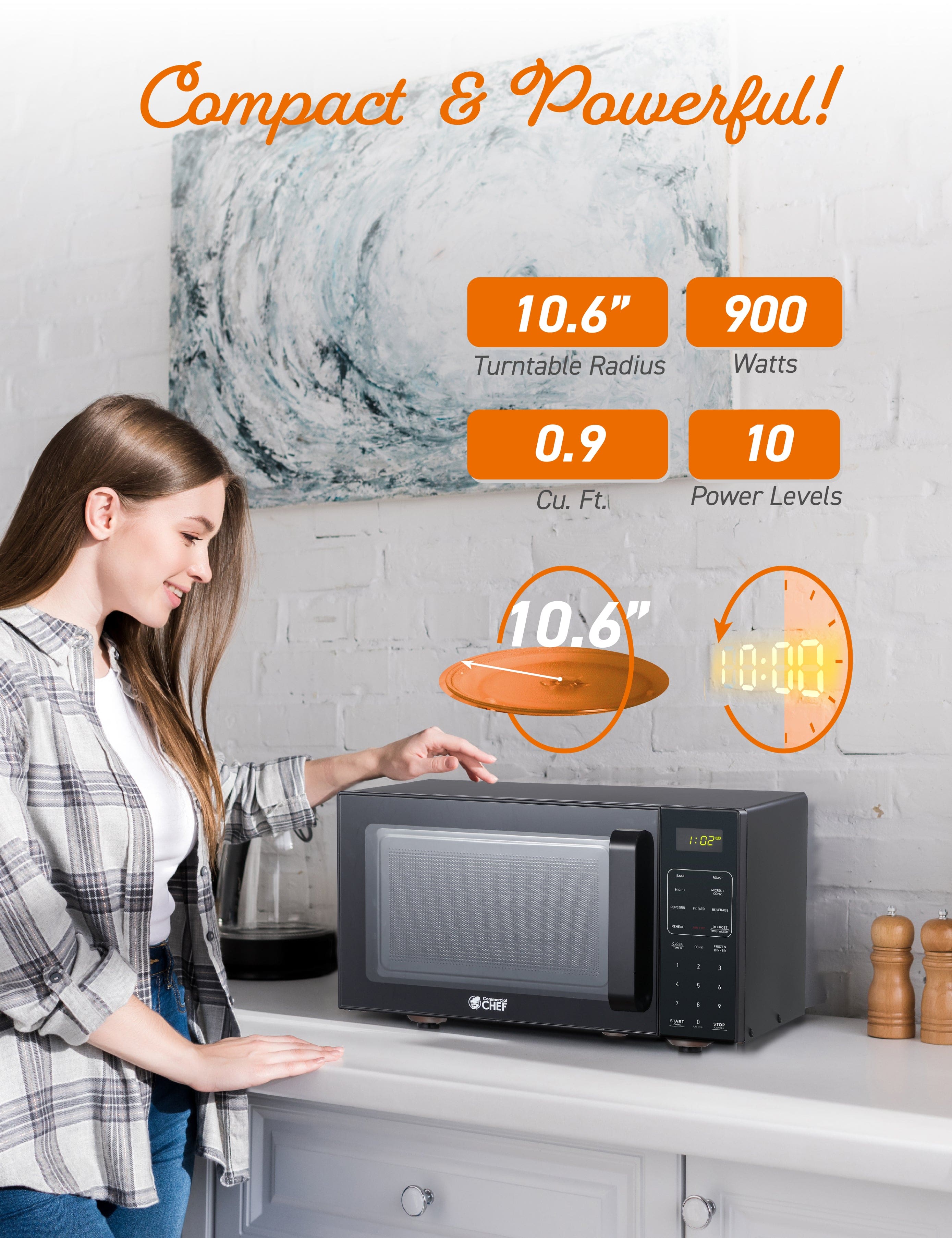 Compact & Powerful! 10.6" Turntable Radius 900 Watts 0.9 Cu. Ft. 10 Power Levels 10.6" 10:00 10:02