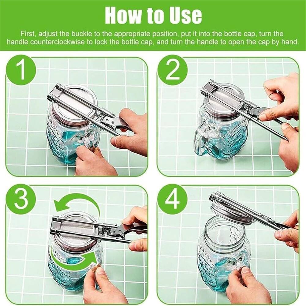 How to Use

First, adjust the buckle to the appropriate position, put it into the bottle cap, turn the handle counterclockwise to lock the bottle cap, and turn the handle to open the cap by hand.

1. Adjust the buckle to the appropriate position.
2. Put it into the bottle cap.
3. Turn the handle counterclockwise to lock the bottle cap.
4. Turn the handle to open the cap by hand.