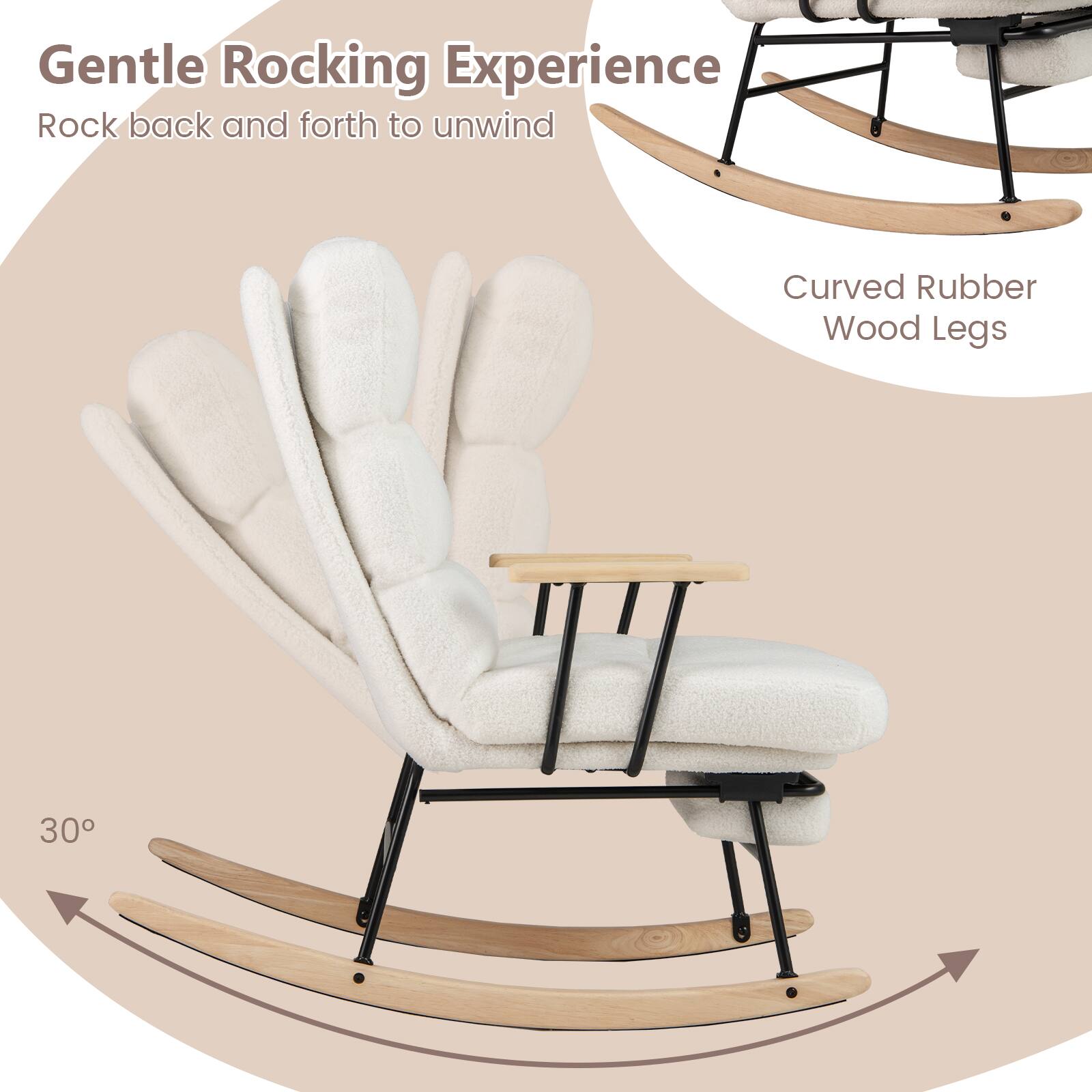 Gentle Rocking Experience  
Rock back and forth to unwind  

Curved Rubber Wood Legs  

30°