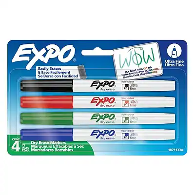 **EXPO**
- Easily Erases
- Se Borra con Facilidad
- Efface Facilement
**Ultra Fine**
- Ultra Fina
- Ultra Fine
- Ultra Fina
**Low Odor**
- Soww odor
- Sow odor
- Sow odor
**Dry Erase Markers - 4 CT**
- Dry Erase Markers & Sec
- Marcadores Borrables 1871133A
**Colors**
- Black
- Blue
- Green
- Red
- Purple
**A**
- Ultra Fine
**Wow**
- Most Vibrant
- La Plus Vibrante
- Nuestra Tinta
**EXPO**
- EXPO dry erase ultra fine
- EXPO dry erase ultra fino
**Dry Erase Markers**
- Dry Erase Markers
- Marcadores Borrables
**1871133A**