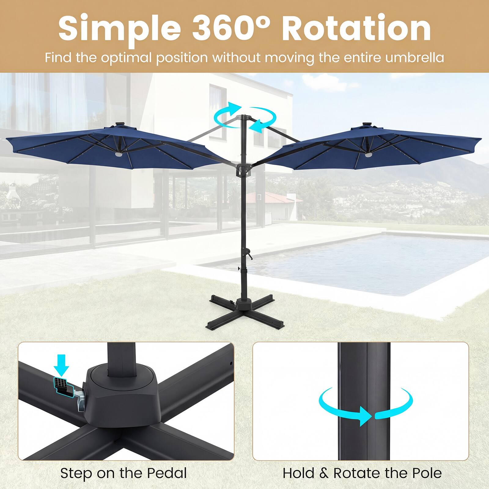 Simple 360° Rotation  
Find the optimal position without moving the entire umbrella  

Step on the Pedal  
Hold & Rotate the Pole