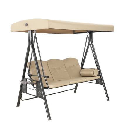 Front. Mondawe - 3 Person Outdoor Steel Canopy Swing with Removable Mat and Convertible Canopy - Dark Brown.
