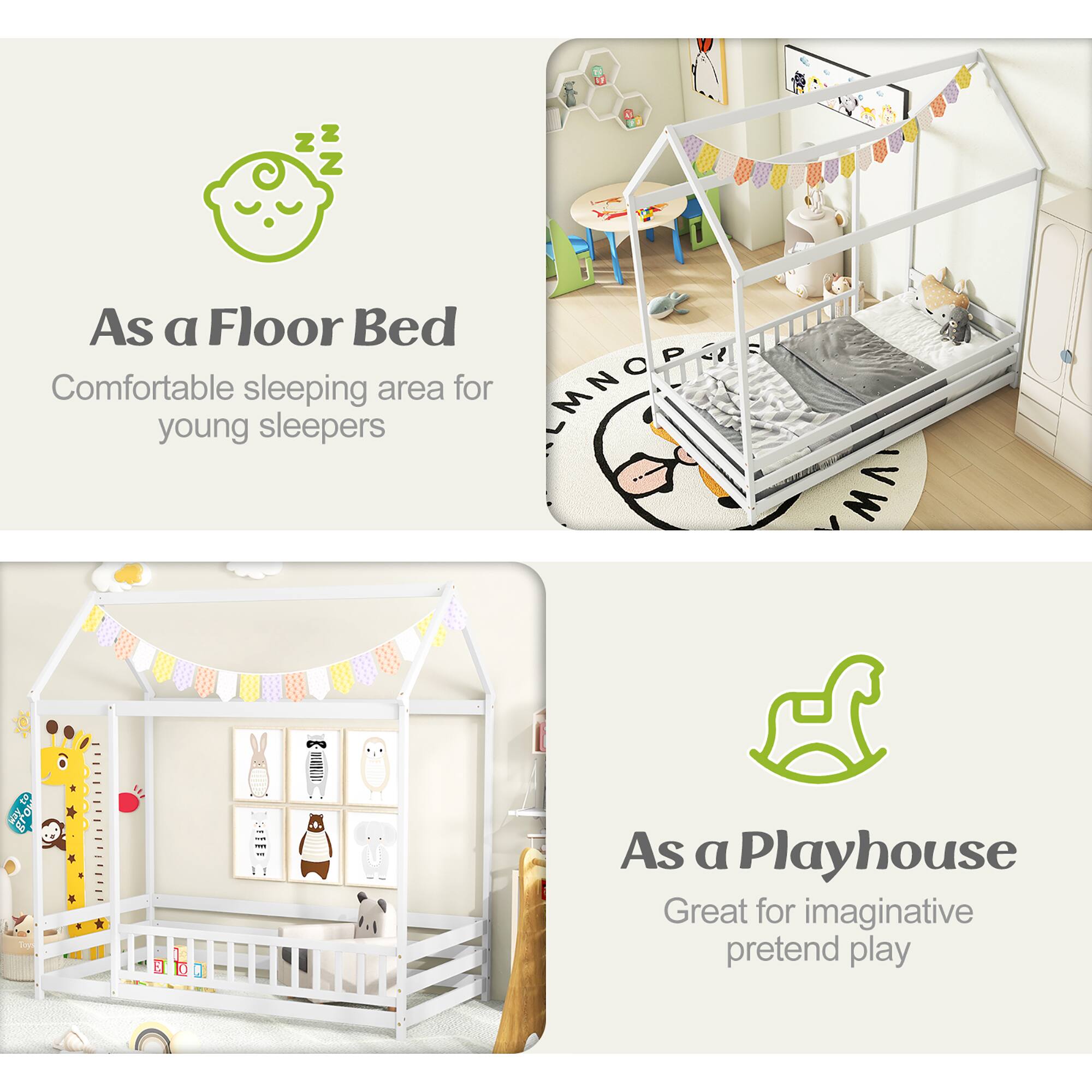1 As a Floor Bed Comfortable sleeping area for young sleepers
2 As a Playhouse Great for imaginative pretend play