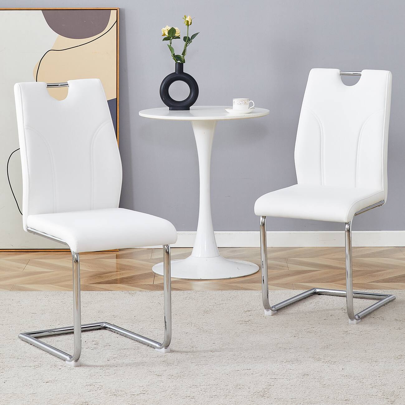 Front. TinyHomie - White PU Dining Chair Set PU material paired with silver metal chair legs Suitable for offices restaurants Set of 2 - White and Silver.