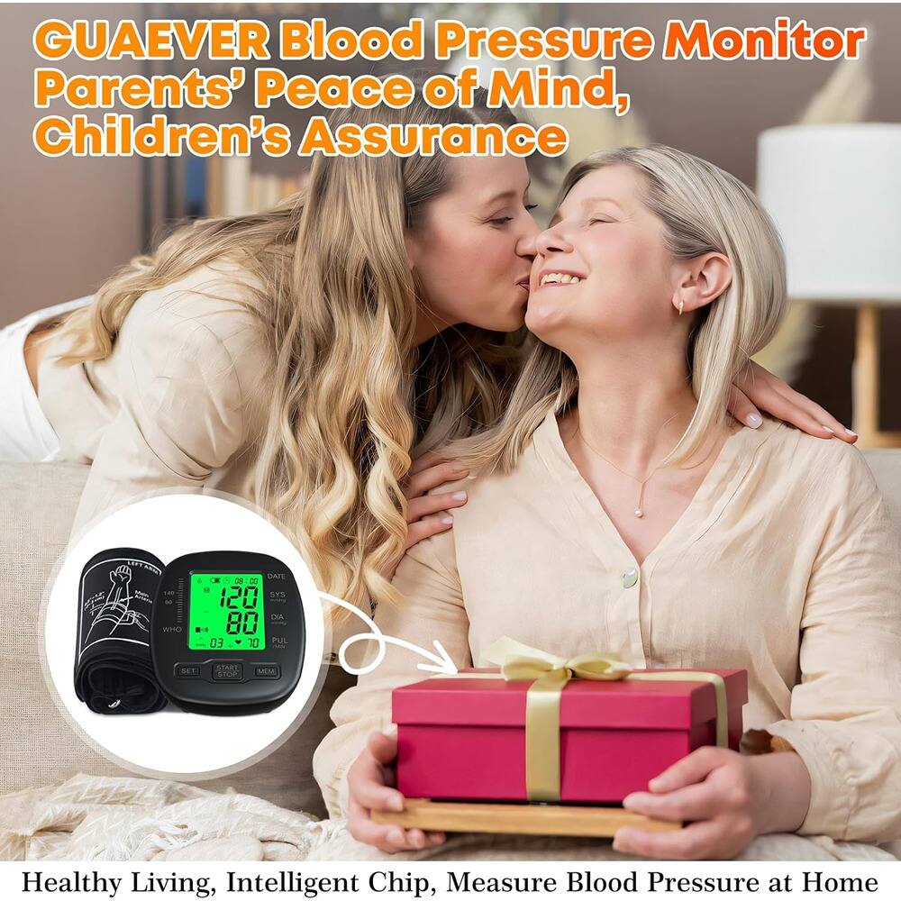 GUAEVER Blood Pressure Monitor  
Parents' Peace of Mind, Children's Assurance  

Healthy Living, Intelligent Chip, Measure Blood Pressure at Home  

120 SYS  
80 DIA  
70 PUL  
03  
DATE: 00  

SET  
START  
STOP  
MIM  
WHO  
MMG