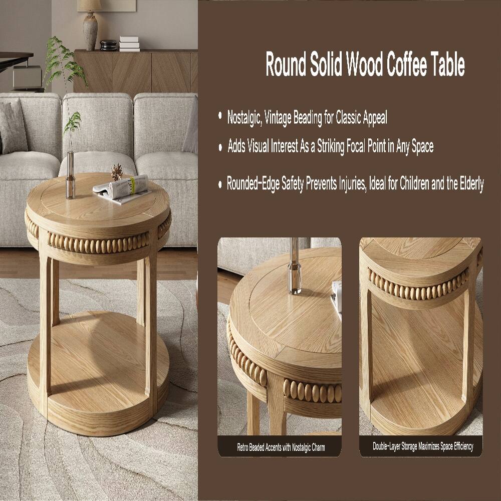 Round Solid Wood Coffee Table

- Nostalgic, Vintage Beading for Classic Appeal
- Adds Visual Interest As a Striking Focal Point in Any Space
- Rounded-Edge Safety Prevents Injuries, Ideal for Children and the Elderly

Retro Beaded Accents with Nostalgic Charm

Double-Layer Storage Maximizes Space Efficiency