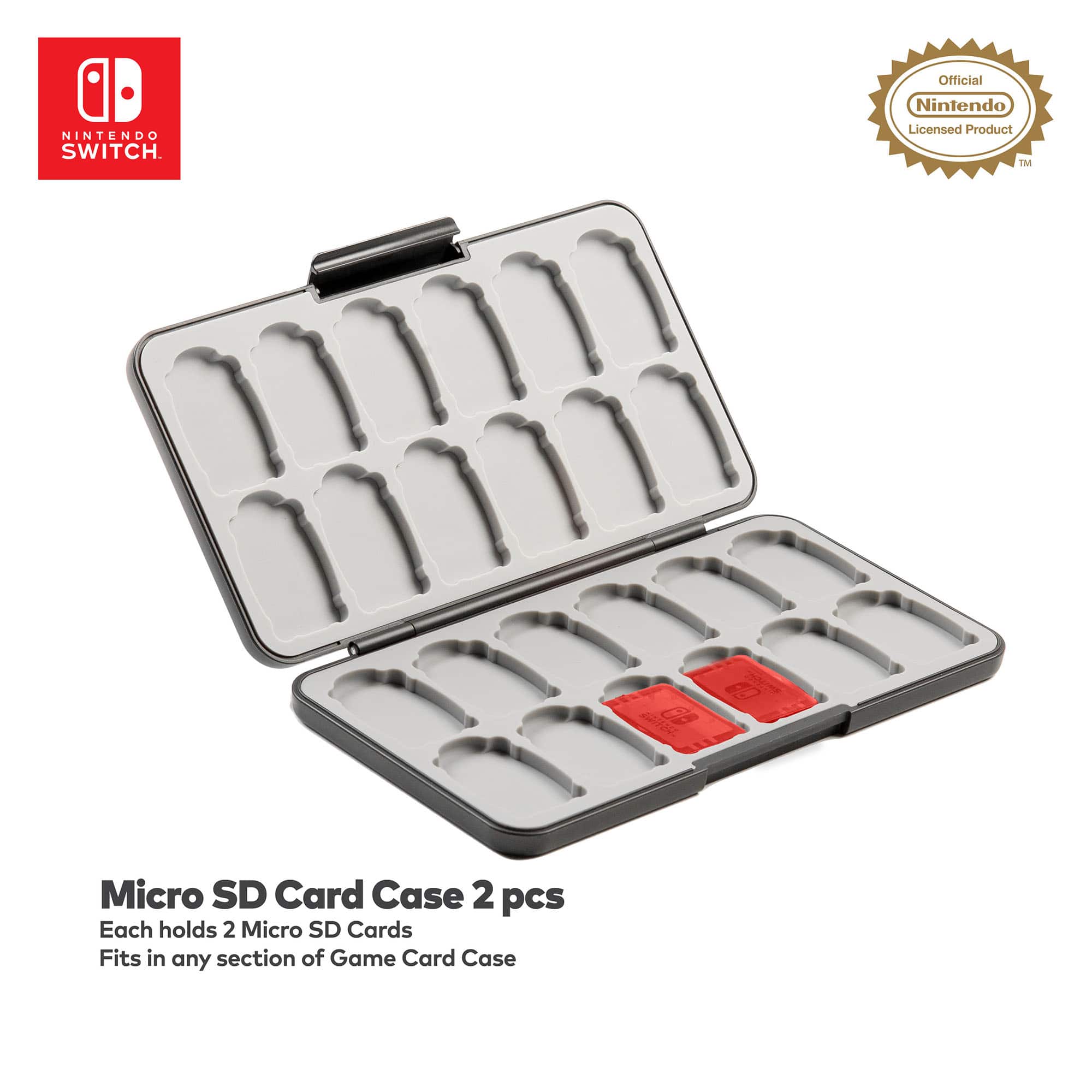 "Nintendo Switch. Official Nintendo Licensed Product. Micro SD Card Case 2 pcs. Each holds 2 Micro SD Cards. Fits in any section of Game Card Case."