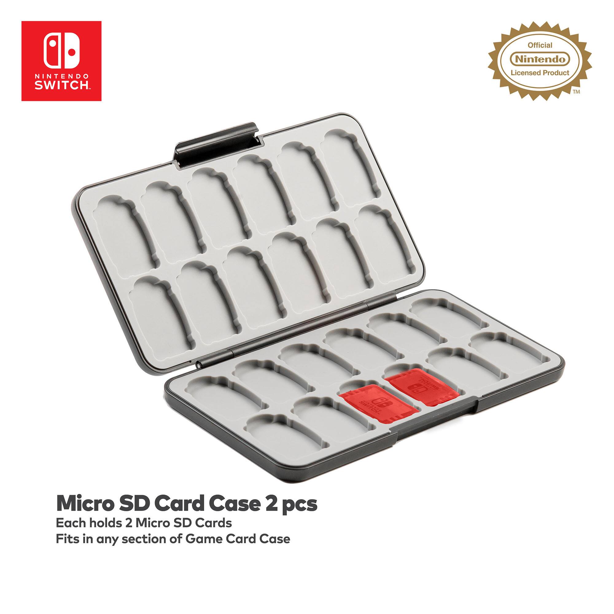 "Nintendo Switch. Official Nintendo Licensed Product. Micro SD Card Case 2 pcs. Each holds 2 Micro SD Cards. Fits in any section of Game Card Case."