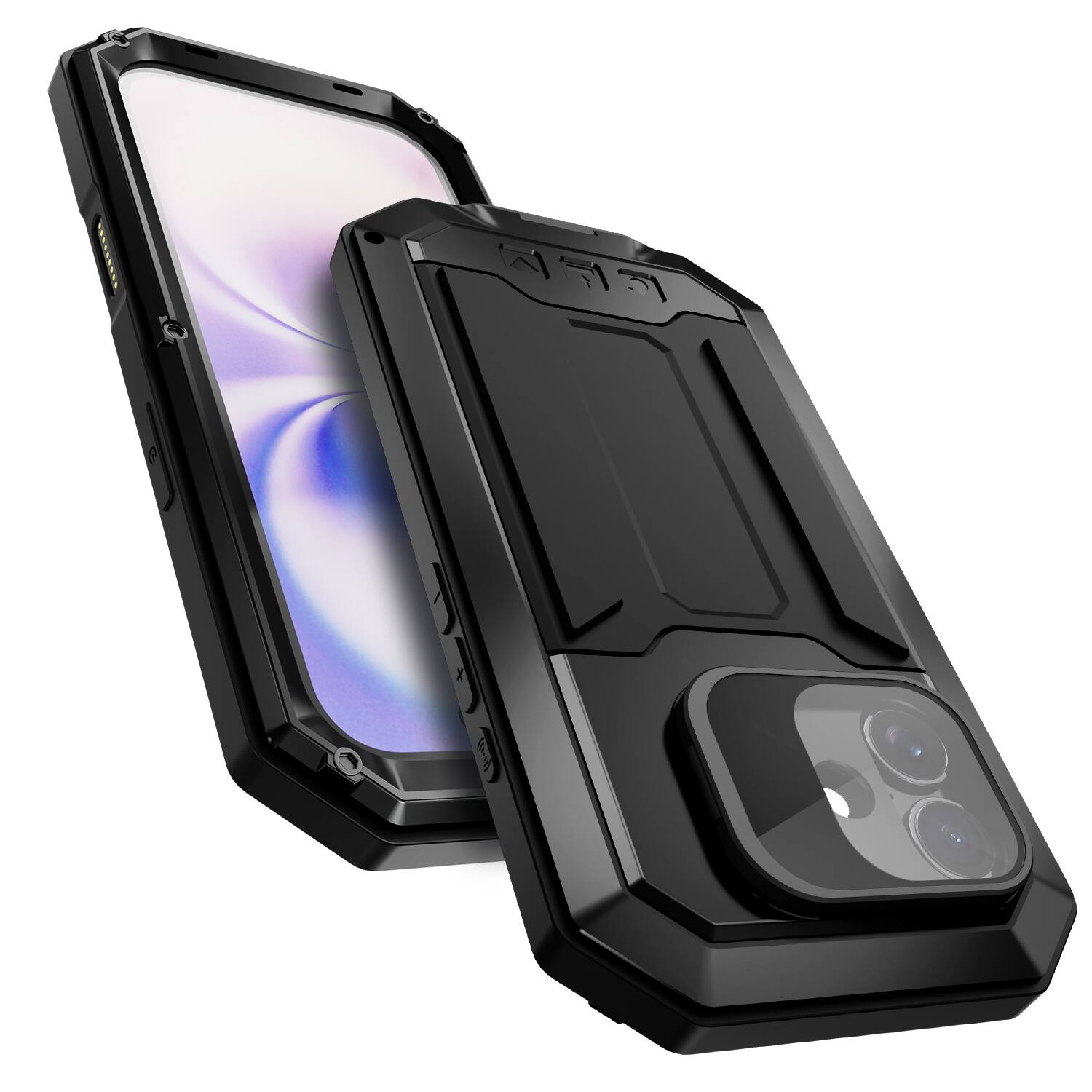 Angle. Dteck - Rugged Case for Apple iPhone 17 Flip Camera Kickstand Built-in Screen Protector Military Grade Protection Cover - Silver.