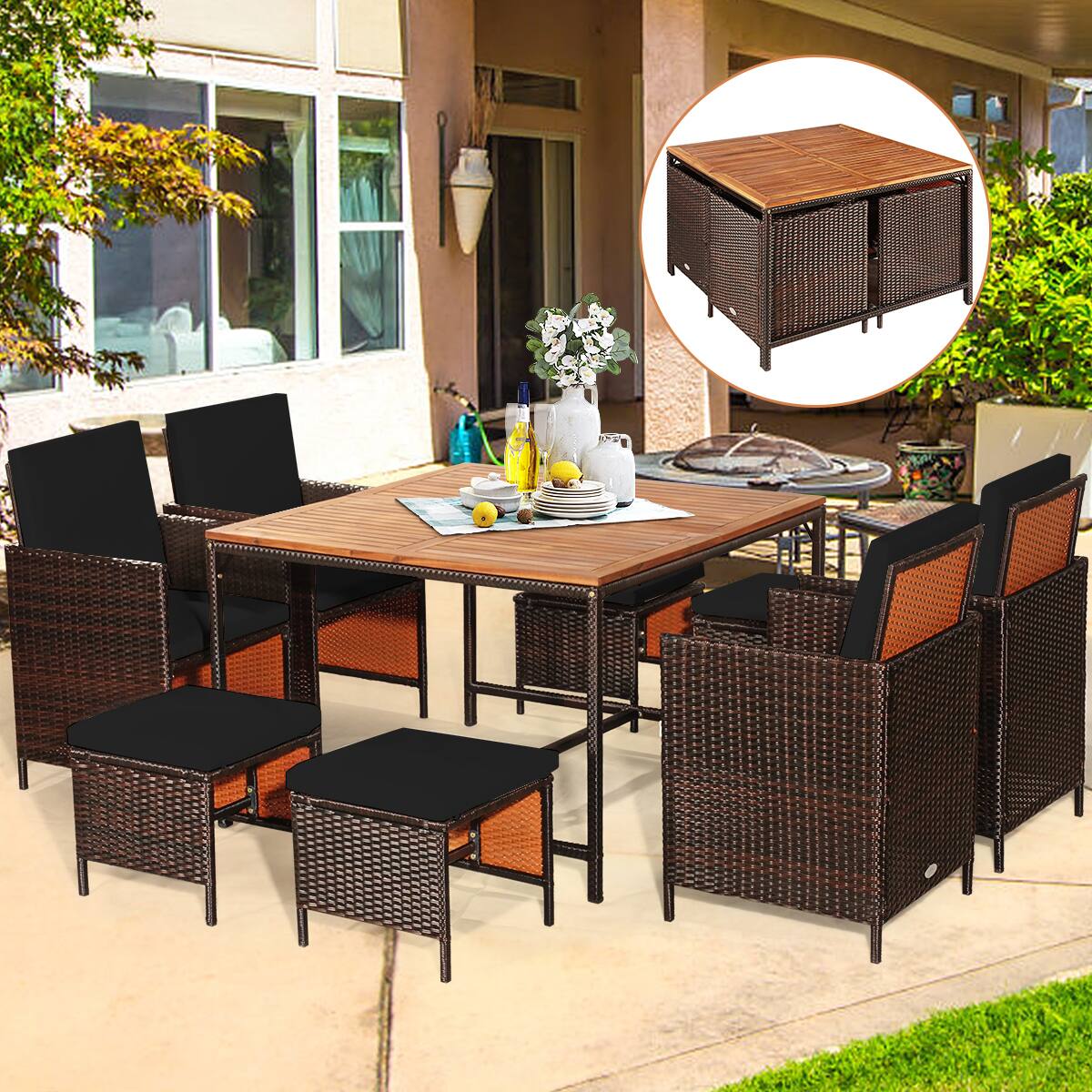Alt View 4. Gymax - Gymax Set Of 9 Patio Rattan Dining Set Cushioned Chairs Ottoman Wood Table Top Black - Brown & Black.