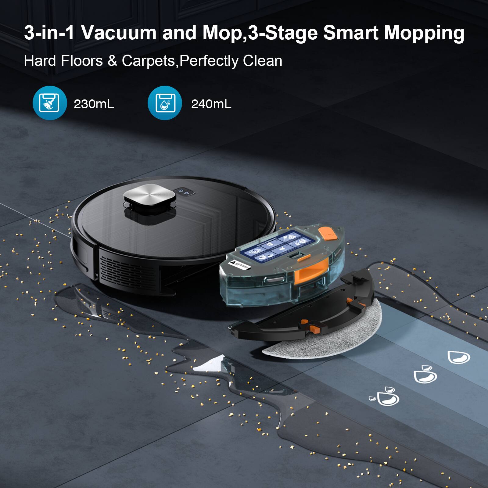 3-in-1 Vacuum and Mop, 3-Stage Smart Mopping  
Hard Floors & Carpets, Perfectly Clean  
230mL 240mL