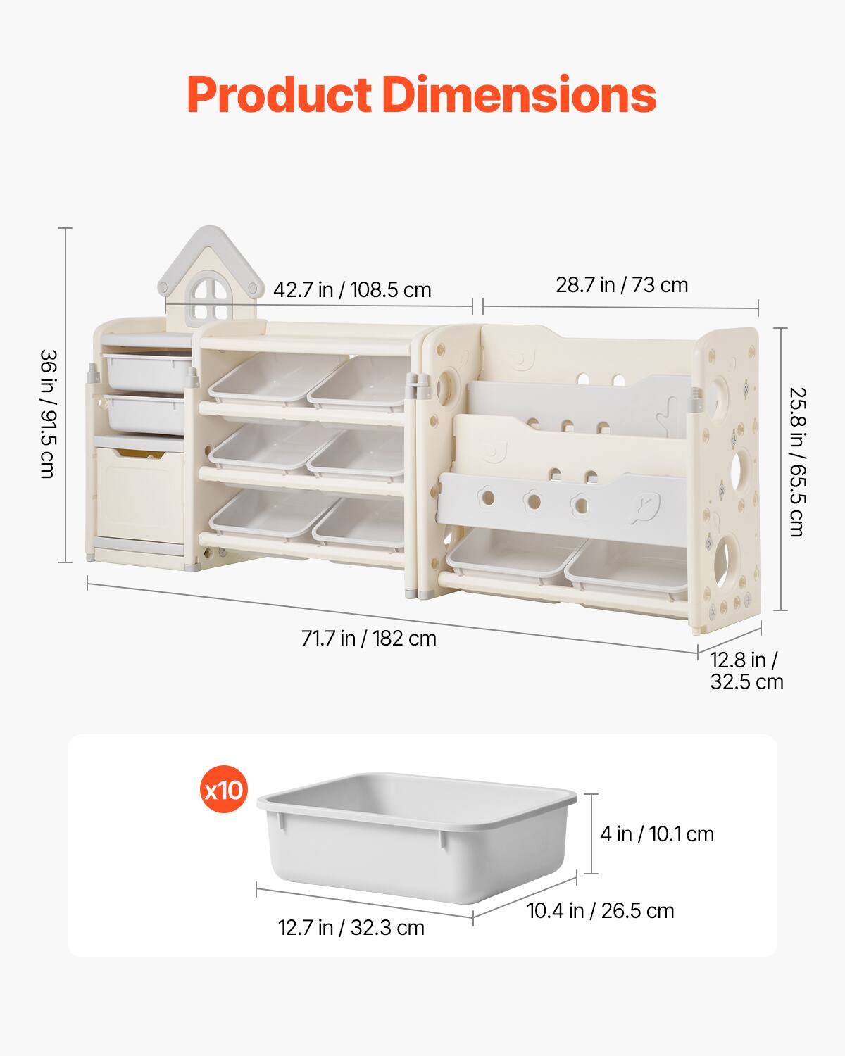 Product Dimensions: 36 in / 91.5 cm x 36 in / 91.5 cm x 42.7 in / 108.5 cm, 28.7 in / 73 cm, 71.7 in / 182 cm, 12.8 in / 32.5 cm, 10.4 in / 26.5 cm, 12.7 in / 32.3 cm, 4 in / 10.1 cm, 10.4 in / 26.5 cm.