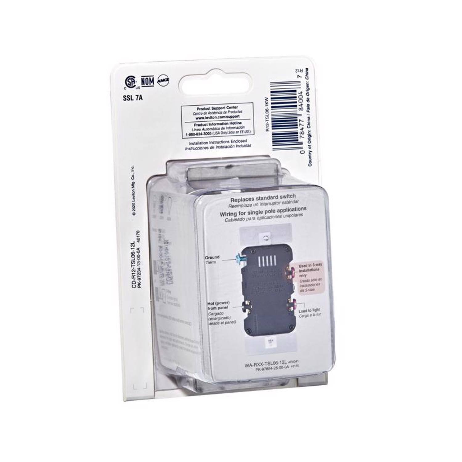 SP NOM ANC + SSL 7A E 8 5 Leviton 2000 O 40170 2L CD-R12-TSL06-12L PK-97234-13-00-0A R12 7 China Origen: 84004 de Product Support Center Pais a Asistencia a Producton Cantro R12-TSL06-1KW www.leviton.com/support Product information - información Motine China Lines Automalica 78477 JUSA DySon - 45 1-800-824-3005 Installation Instructions Enclosed Origin: de Instalación incluida 3 Instrucciones 0 Country standard switch Replaces estndar Reemplaza un interruptor for single pole applications Wiring unipolares Cableado para aplicaciones Ground Taa Used 5-4 Installations onily Usd instaleciones - 3utn Mot (power) from panel Load 10 light Cargado . a Carga energizade) oae of paned WA-RXX-TSL06-12L PK-978