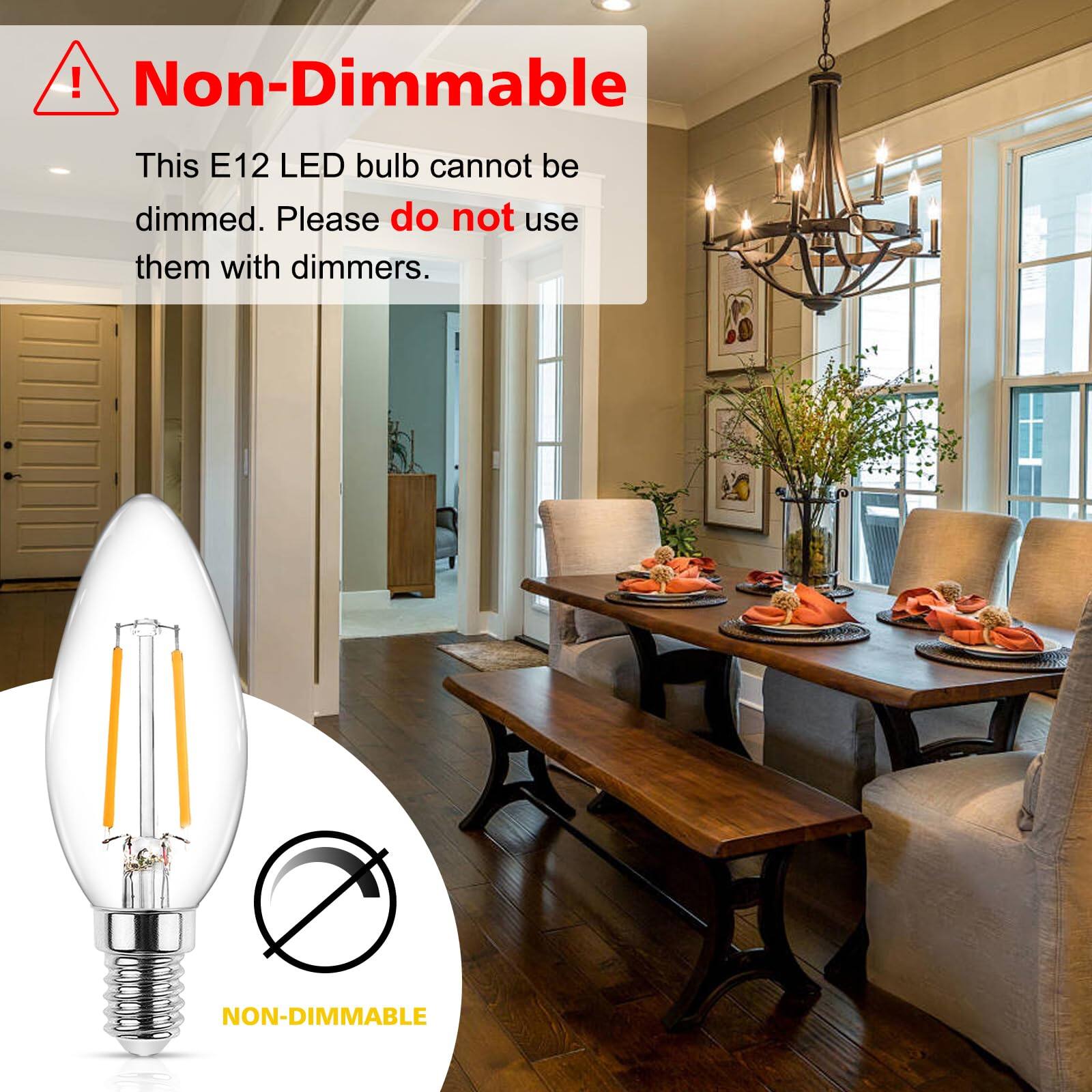 Non-Dimmable

This E12 LED bulb cannot be dimmed. Please do not use them with dimmers.

NON-DIMMABLE
