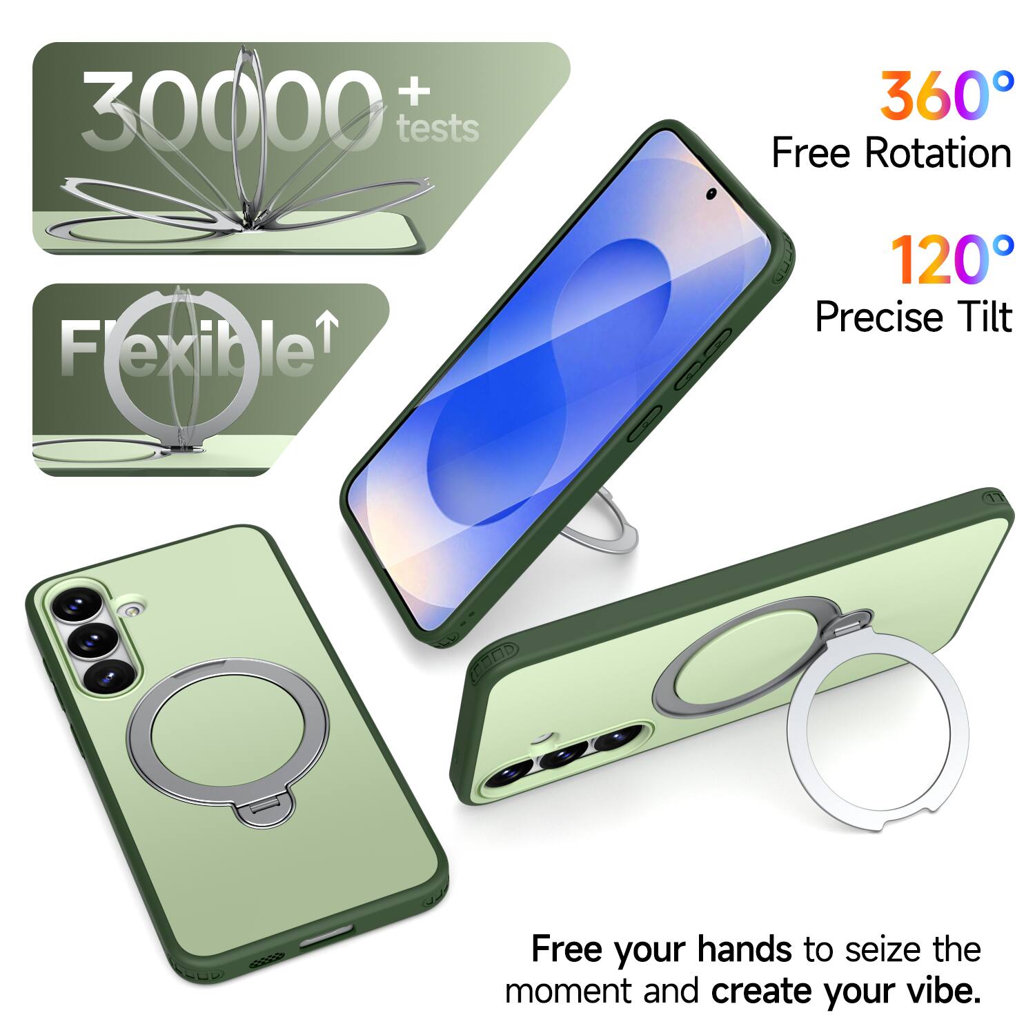 + 30000 tests  
360° Free Rotation  
Flexible  
120° Precise Tilt  
Free your hands to seize the moment and create your vibe.