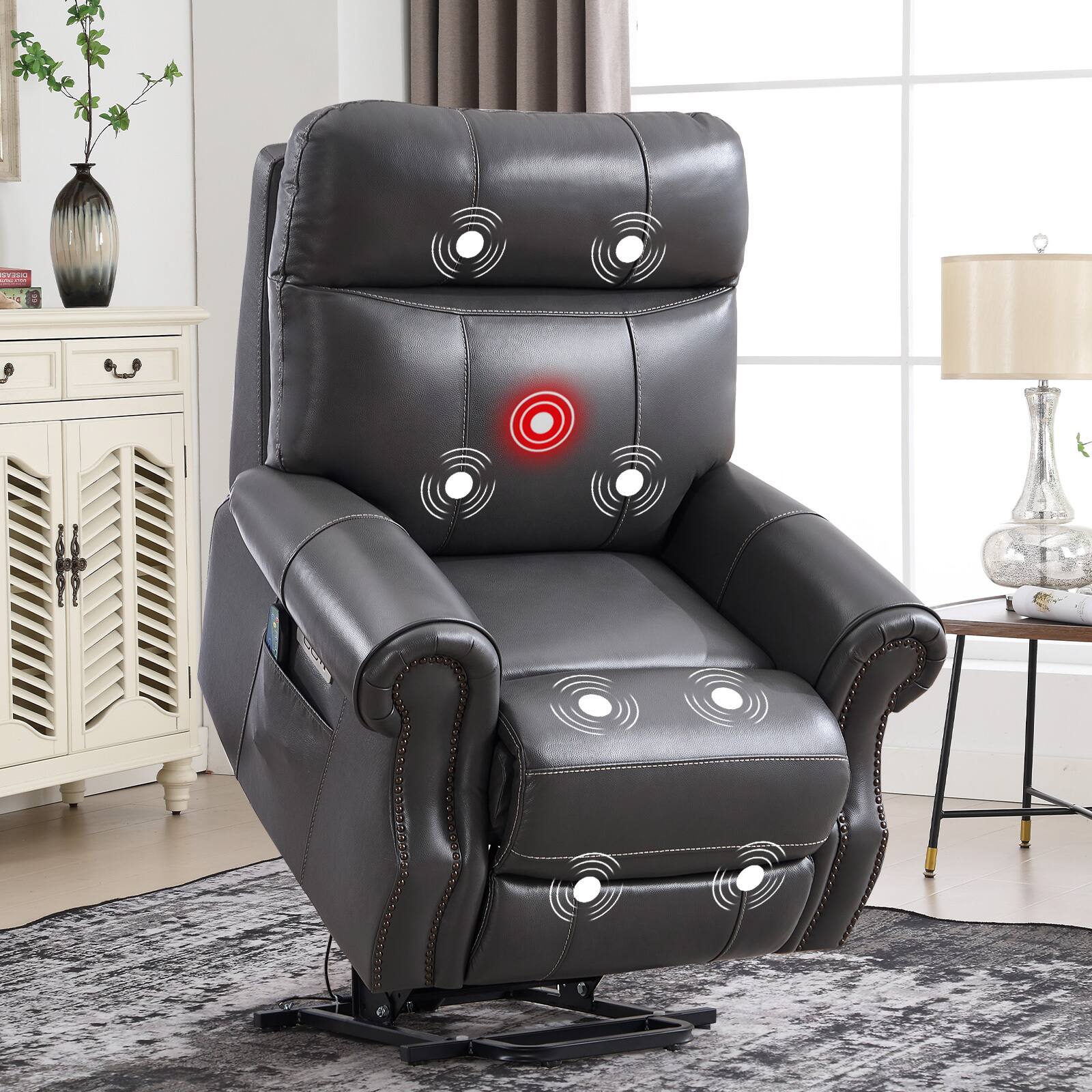 Front. Bestier - Genuine Leather Power Lift Recliner Chair with Massage, USB Port for Living Room Bedroom Home Theater - Dark Blue.