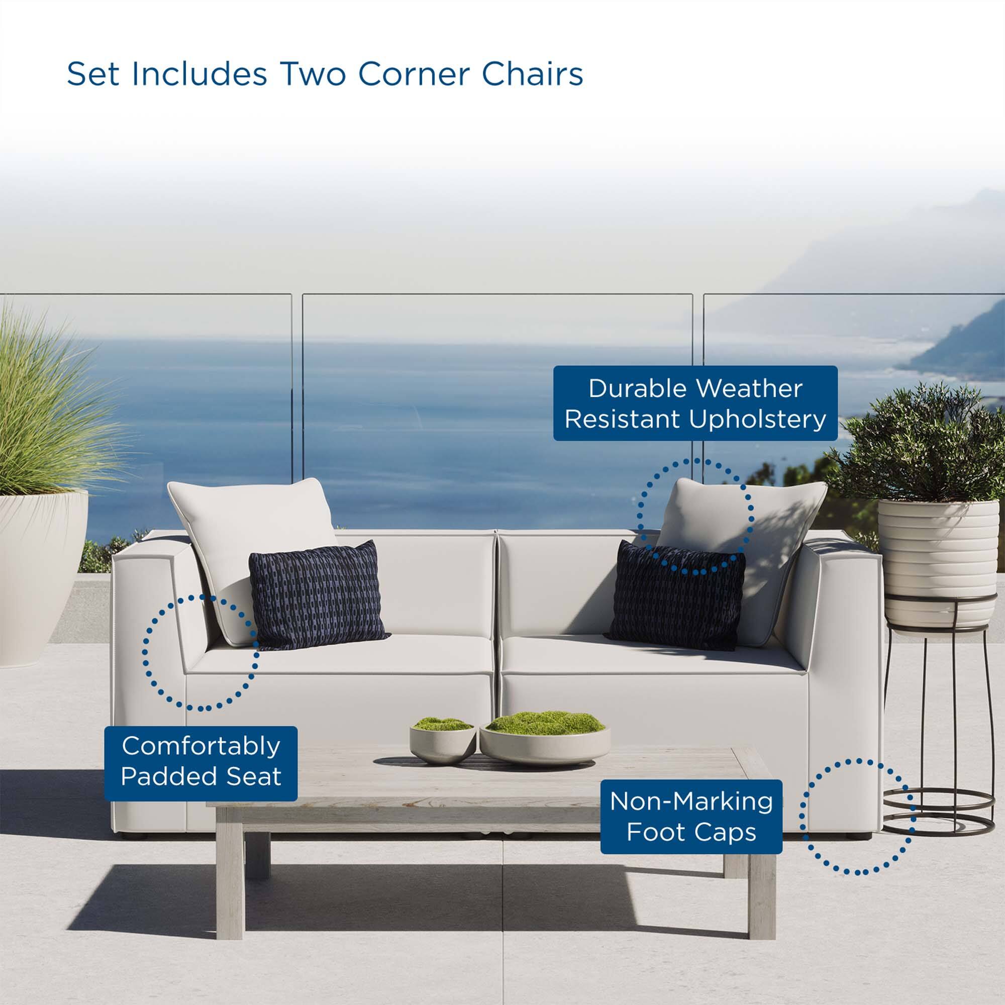 Set Includes Two Corner Chairs

- Durable Weather Resistant Upholstery
- Comfortably Padded Seat
- Non-Marking Foot Caps