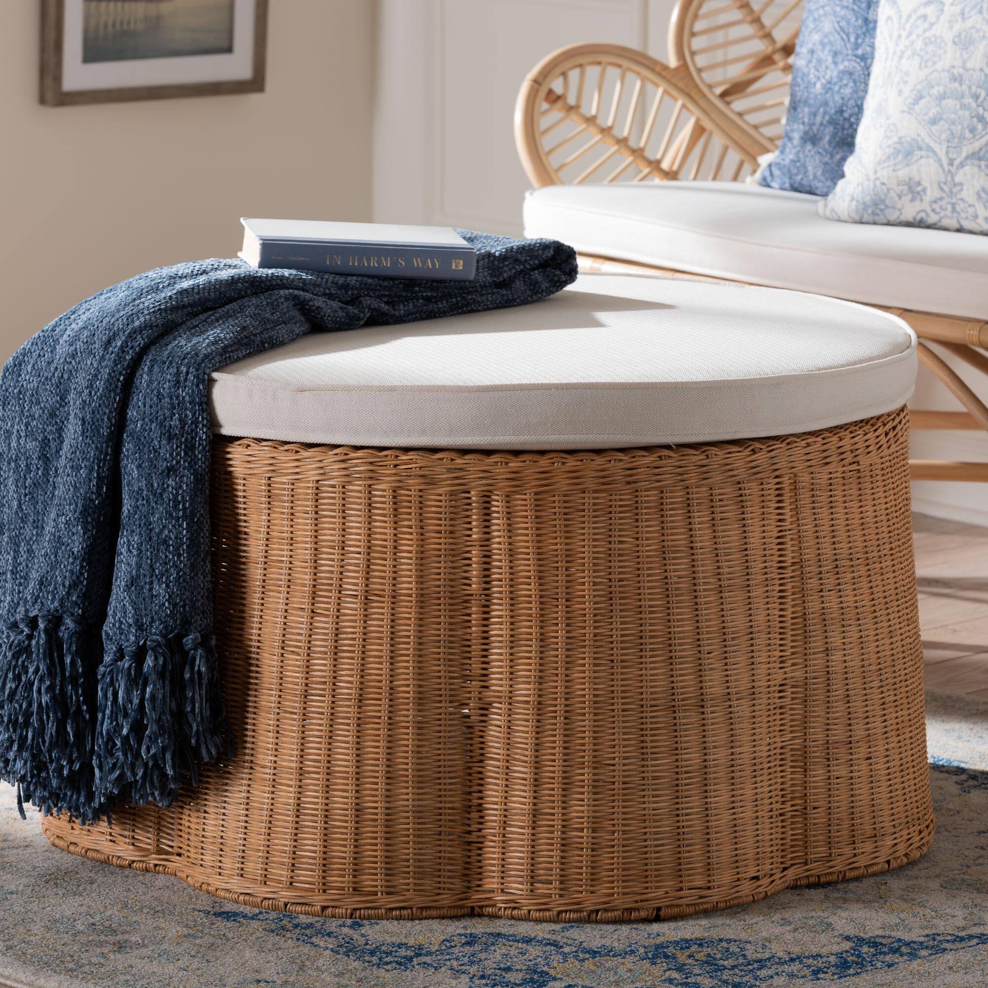 定価7.4万 MOUNTAIN RESEARCH RATTAN OTTOMAN bali & pari Palm Scallop Natural Rattan Ottoman with Cushion