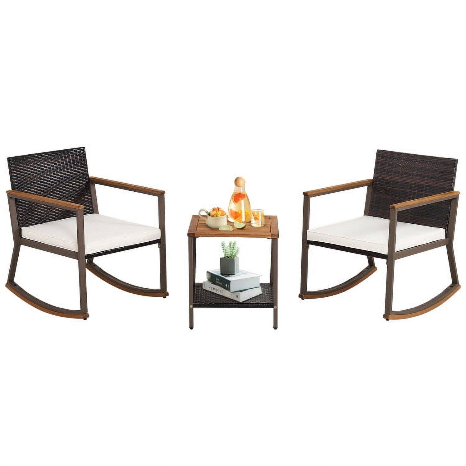 Alt View 5. Pefilos - 3 Pieces Acacia Wood Rocking Bistro Set, Patio Conversation Sets with Coffee Patio Coffee Table - White.