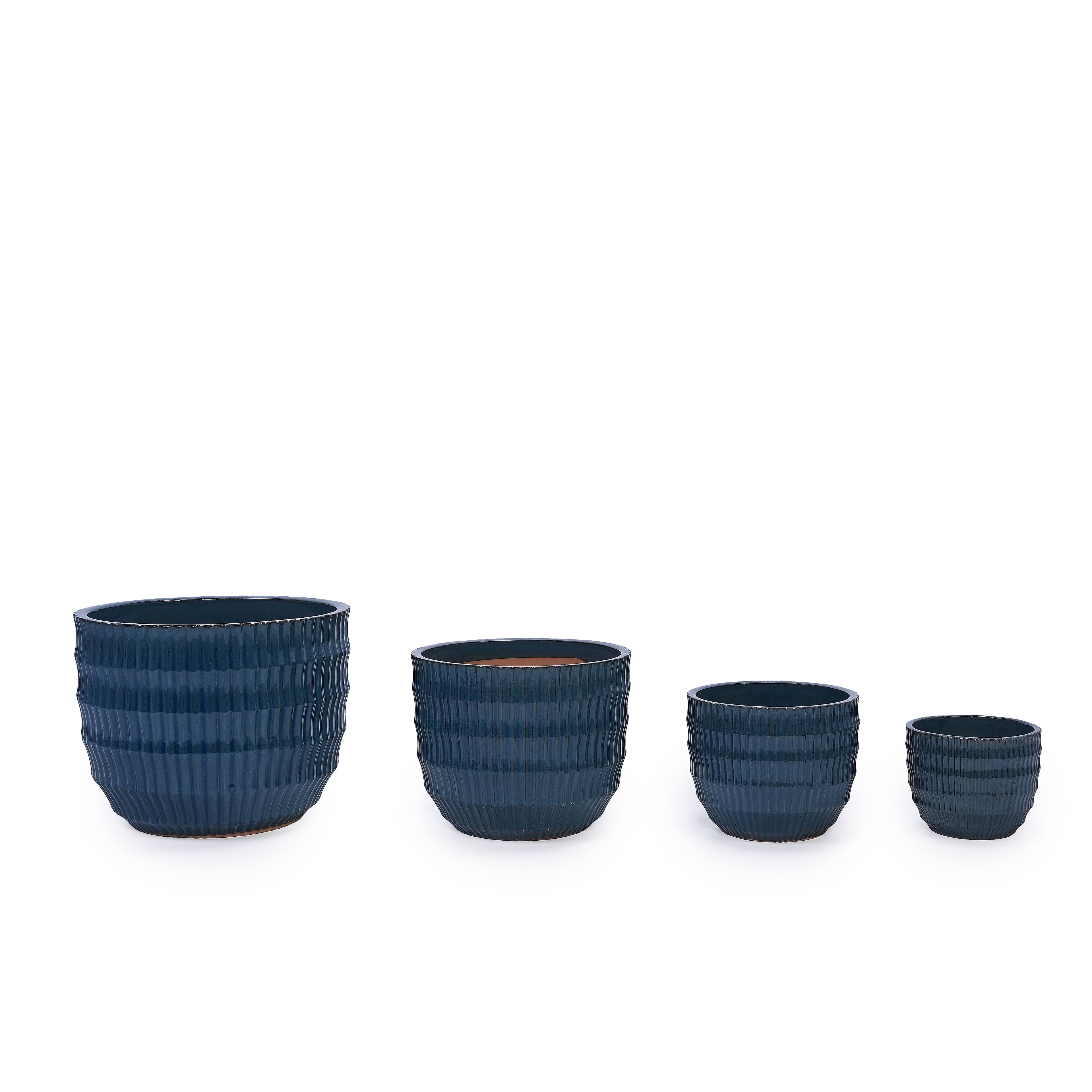 Angle. Loheer - Loheer Ceramic Planter Set, Handmade Navy Blue Planter Set of 4 with Drainage, Textured Clay Indoor Outdoor Flower Pots.