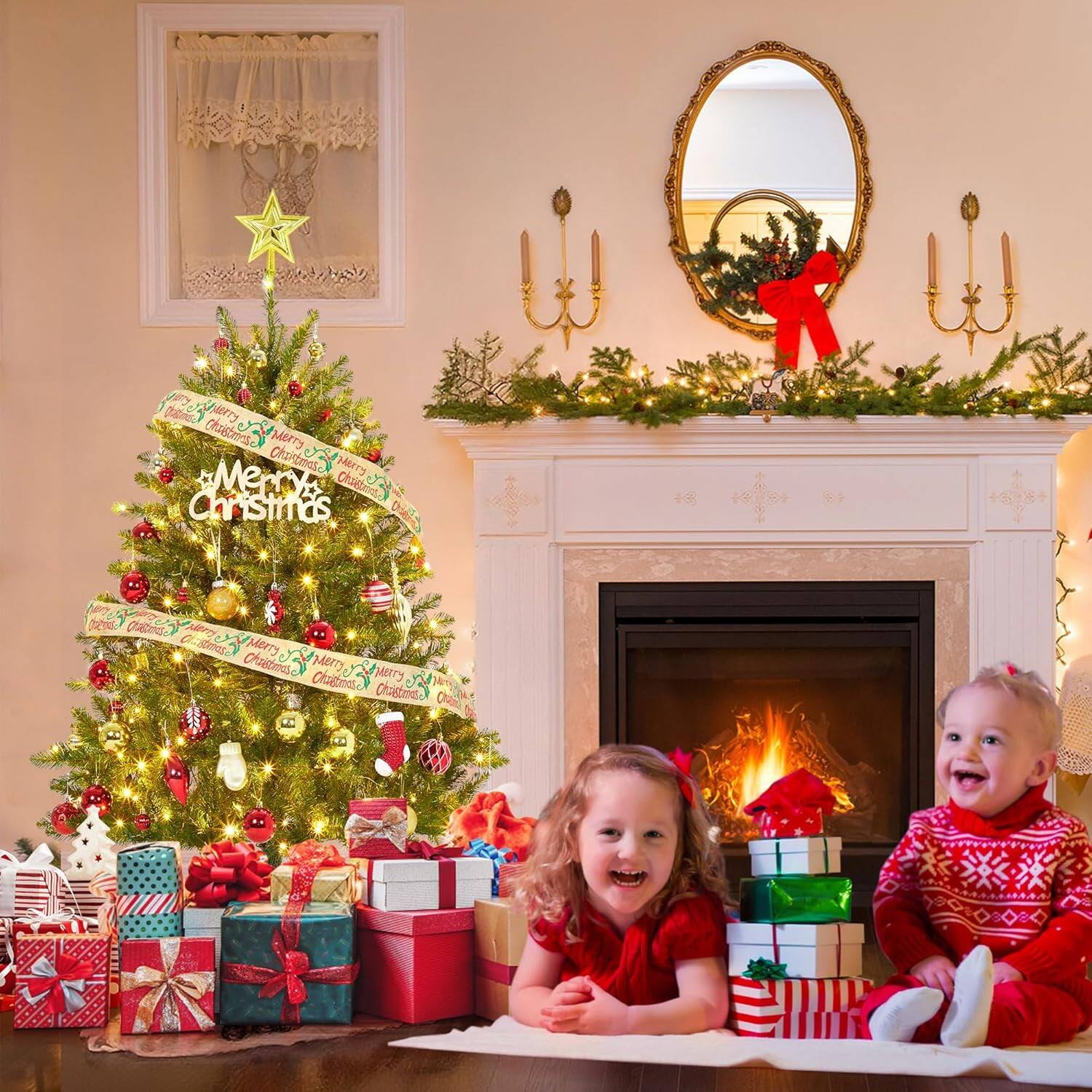 Front. GARVEE - 6ft Pre-Lit Artificial Christmas Tree, 450 LED Lights, Foldable Stand with Foot Pedal for Easy Setup & Christmas Decor - Green 6ft.