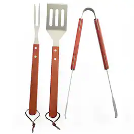 Norpro - Stainless Steel and Wood 3 Piece BBQ Set with Spatula, Tongs, and Fork - Silver