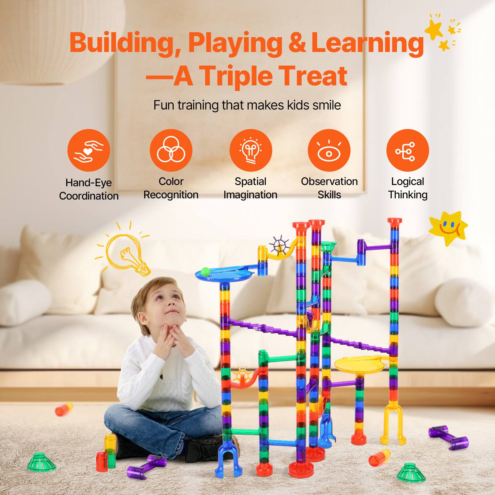 Building, Playing & Learning  
—A Triple Treat  

Fun training that makes kids smile  

- Hand-Eye Coordination  
- Color Recognition  
- Spatial Imagination  
- Observation Skills  
- Logical Thinking