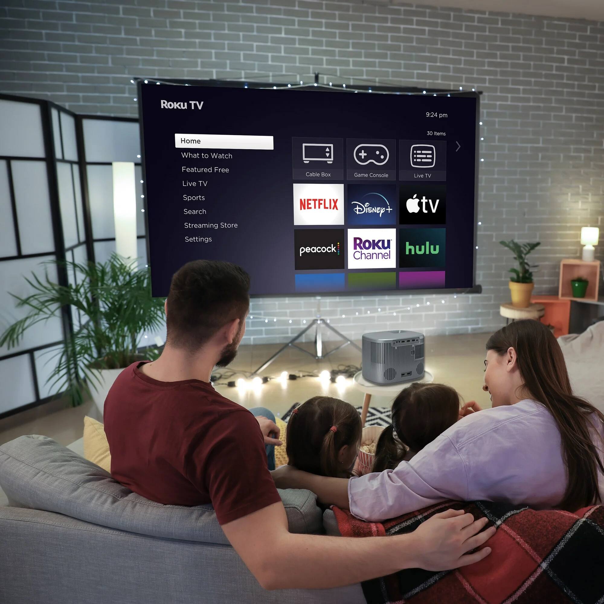 Roku TV  
9:24 pm  
Home  
What to Watch  
Featured Free  
Live TV  
Sports  
Search  
Streaming Store  
Settings  

Cable Box  
Game Console  
Live TV  

NETFLIX  
Disney+  
Apple TV  
peacock  
Roku Channel  
hulu