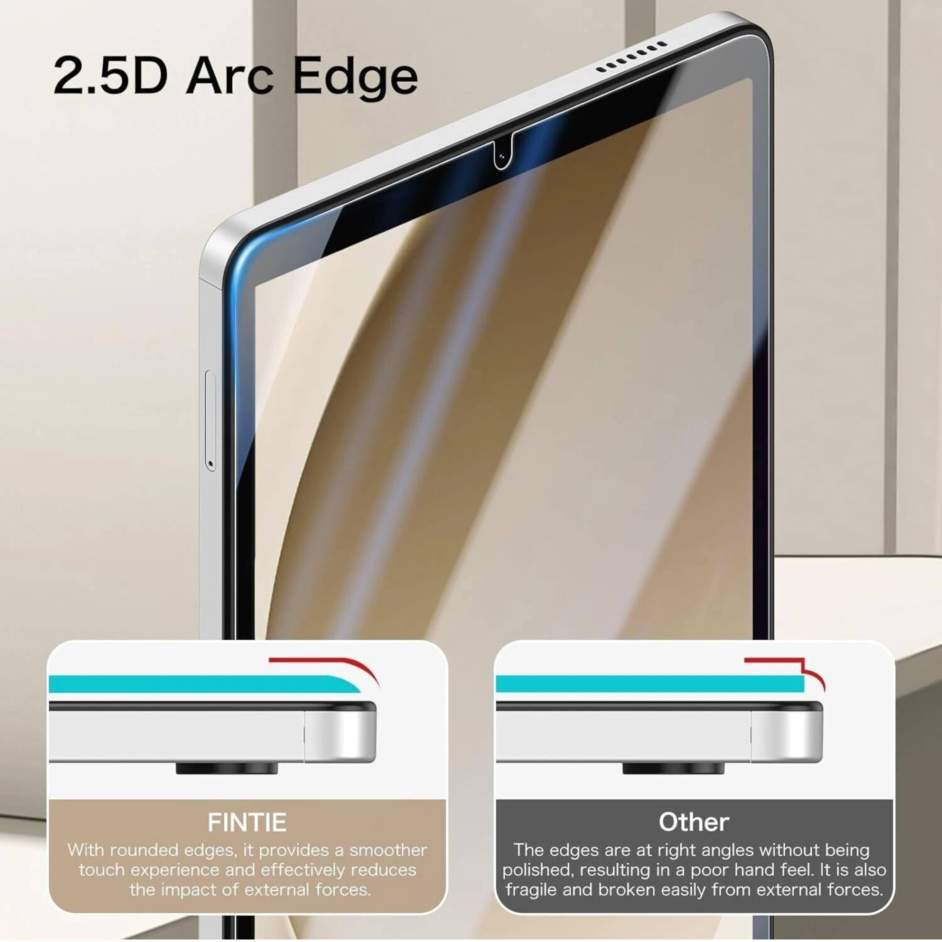 2.5D Arc Edge

FINTIE
With rounded edges, it provides a smoother touch experience and effectively reduces the impact of external forces.

Other
The edges are at right angles without being polished, resulting in a poor hand feel. It is also fragile and broken easily from external forces.