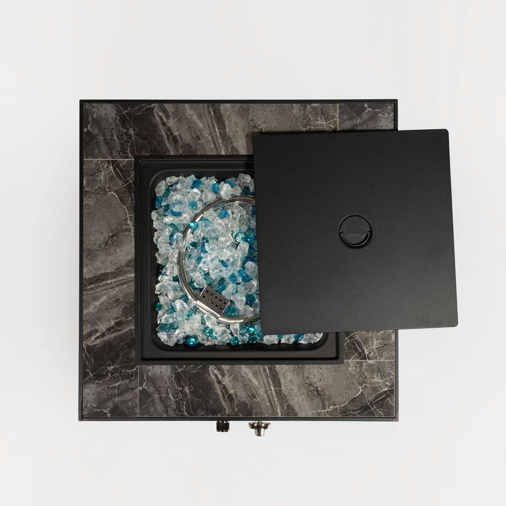 Angle. Resenkos - 24" Propane Gas Fire Pit Table, 50000 BTU Square Fire Pit, Tile Tabletop with Beautiful Wicker Base.