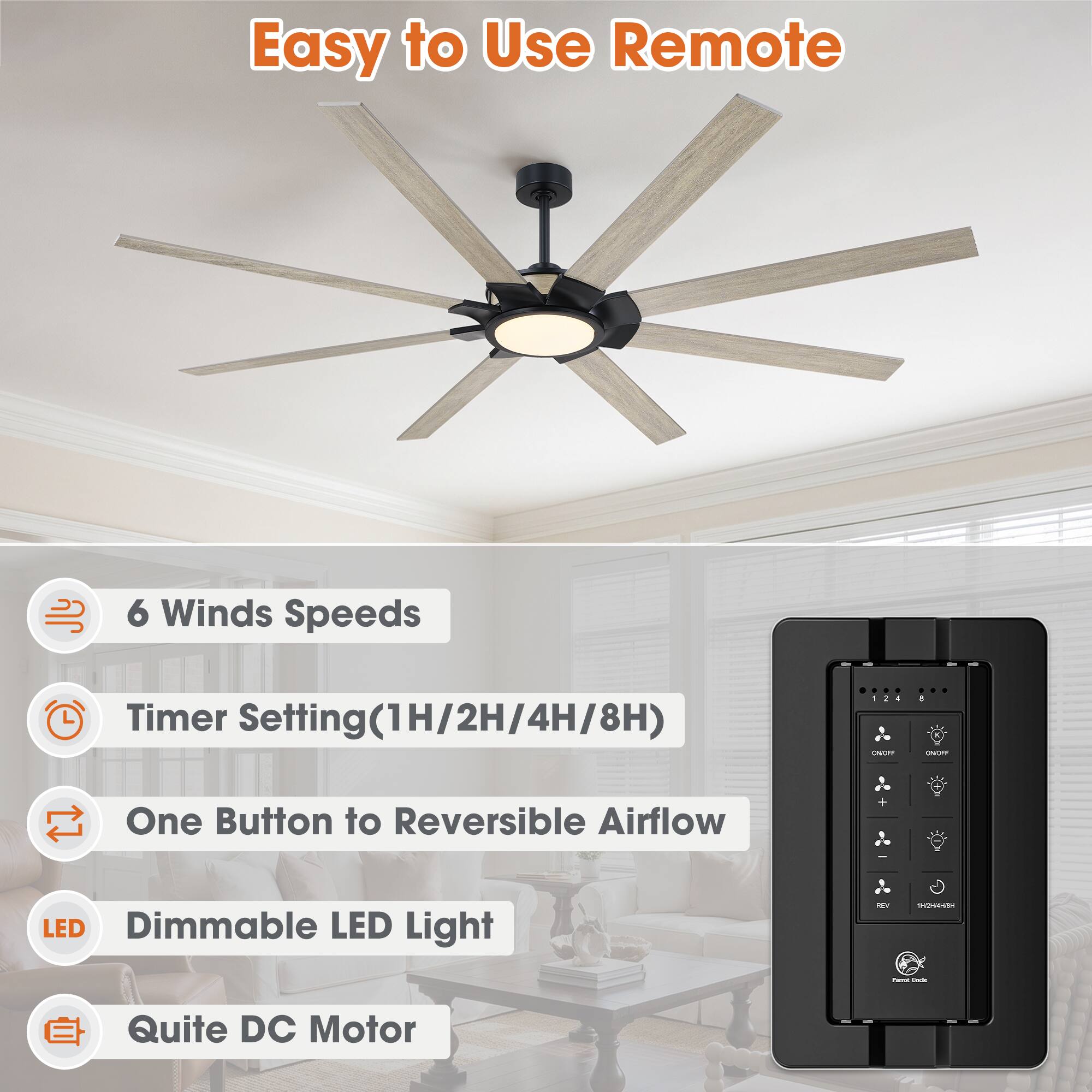 Easy to Use Remote  
6 Winds Speeds  
Timer Setting(1H/2H/4H/8H)  
One Button to Reversible Airflow  
Dimmable LED Light  
Quite DC Motor