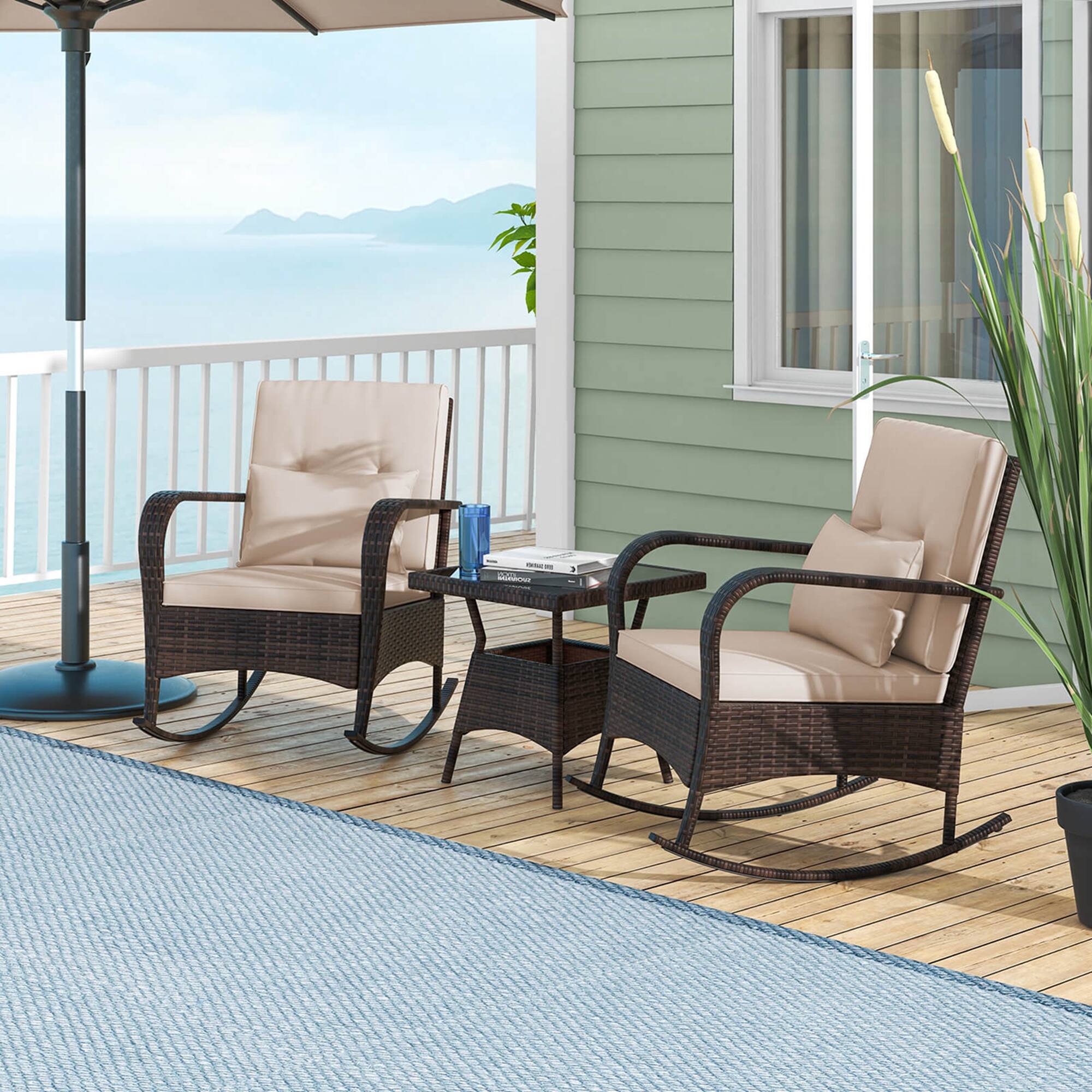 Alt View 3. Costway - Costway 3 PCS Rocking Bistro Set with Removable Cushions & Tempered Glass Top Table - Brown.