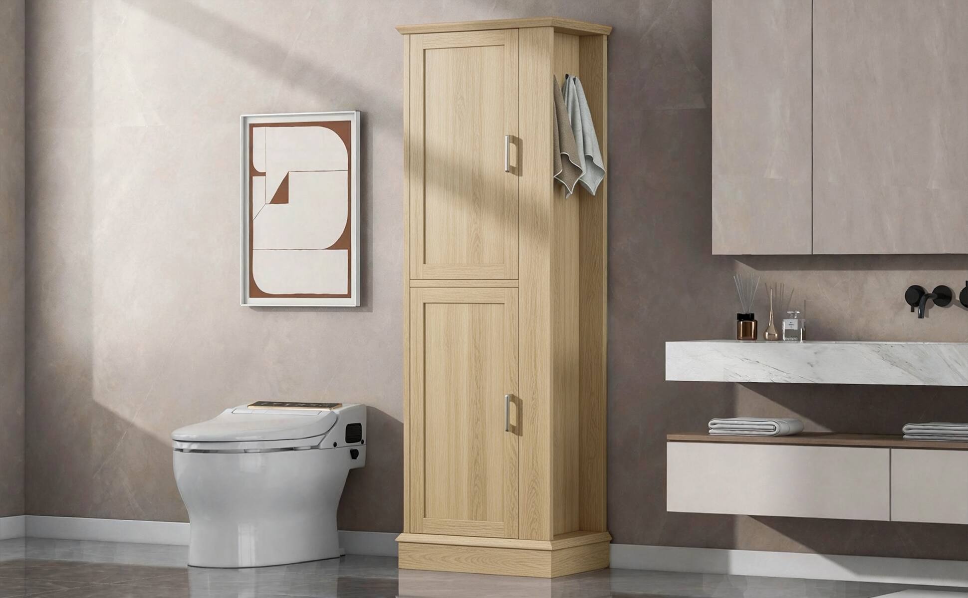 Left. Loheer - Loheer Tall Bathroom Storage Cabinet Freestanding Organizer with Adjustable Shelves and Hooks Natural MDF - Natural.