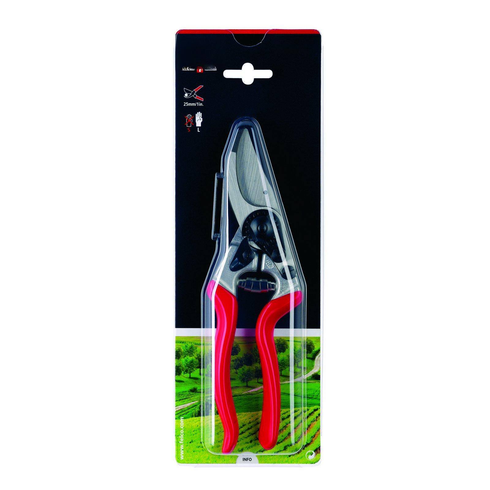 Sure, here is the corrected and grouped text from the image:

---

**Felco**

**25mm/1 in.**

**L**

**www.felco.com**

**INFO**

---

The text is grouped as follows:

- **Felco** (brand name)
- **25mm/1 in.** (blade size)
- **L** (likely a model or size indicator)
- **www.felco.com** (website)
- **INFO** (possibly a reference to additional information or instructions)