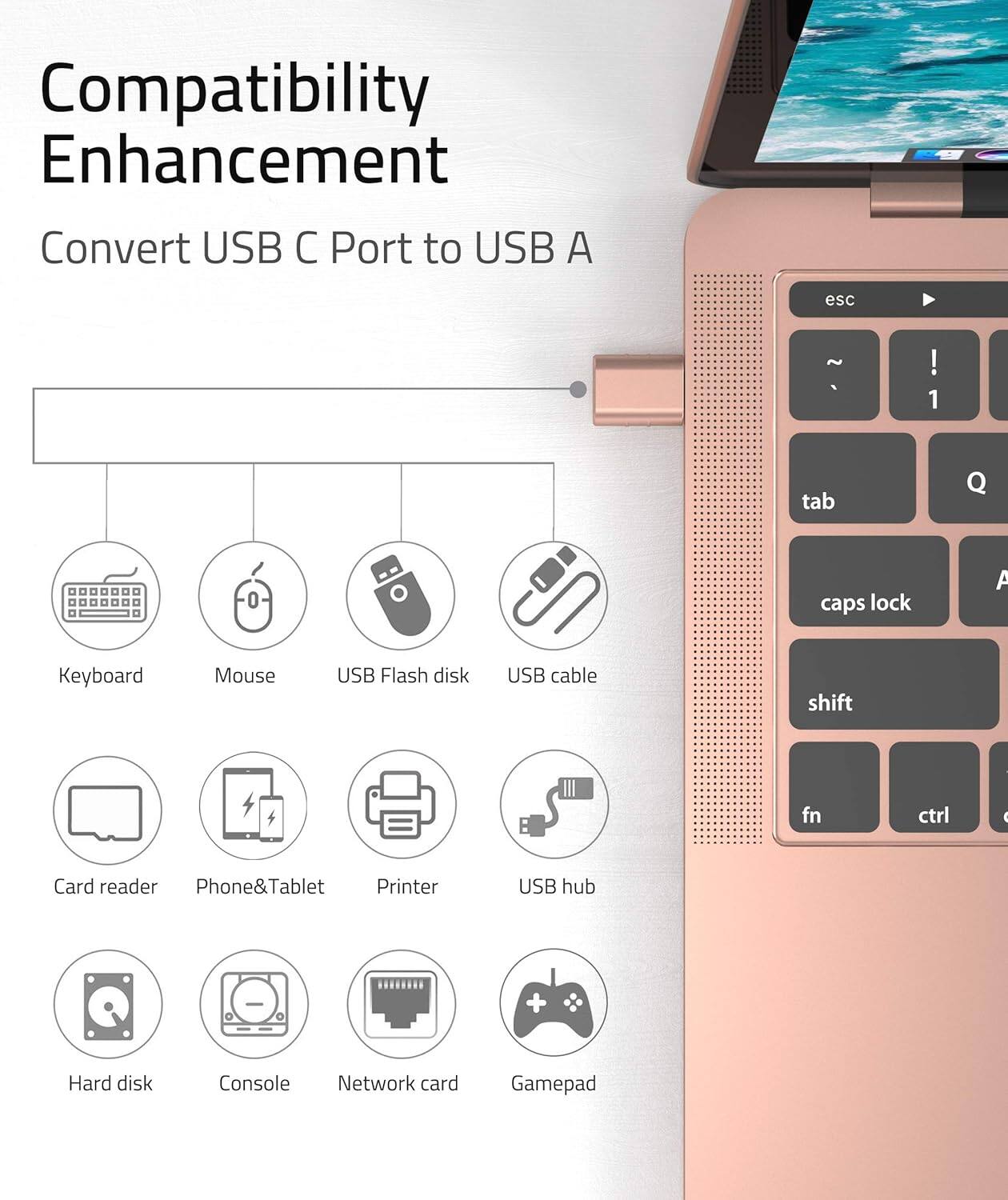 Compatibility Enhancement  
Convert USB C Port to USB A  

- Keyboard  
- Mouse  
- USB Flash disk  
- USB cable  
- Card reader  
- Phone & Tablet  
- Printer  
- USB hub  
- Hard disk  
- Console  
- Network card  
- Gamepad
