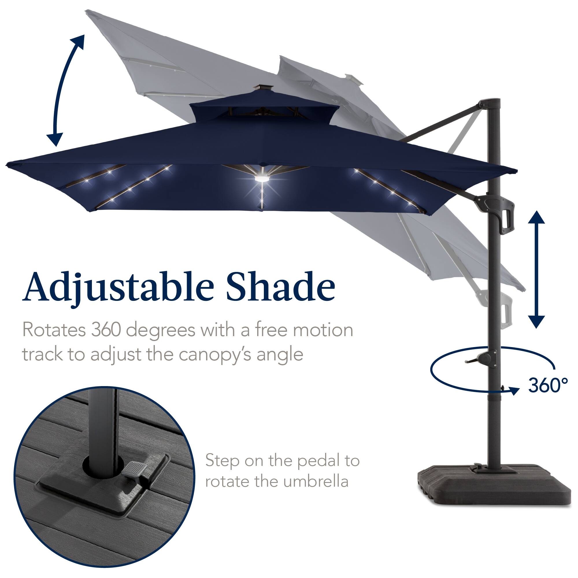 Adjustable Shade Rotates 360 degrees with a free motion track to adjust the canopy's angle. Step on the pedal to rotate the umbrella.