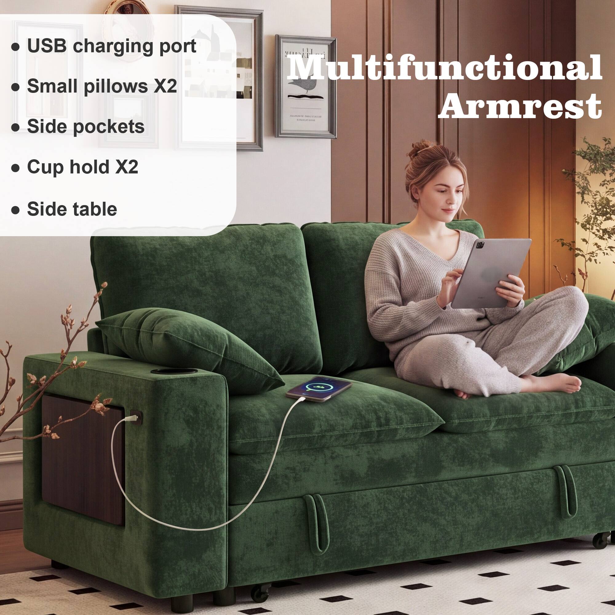 USB charging port  
Small pillows X2  
Side pockets  
Cup hold X2  
Side table  

Multifunctional Armrest