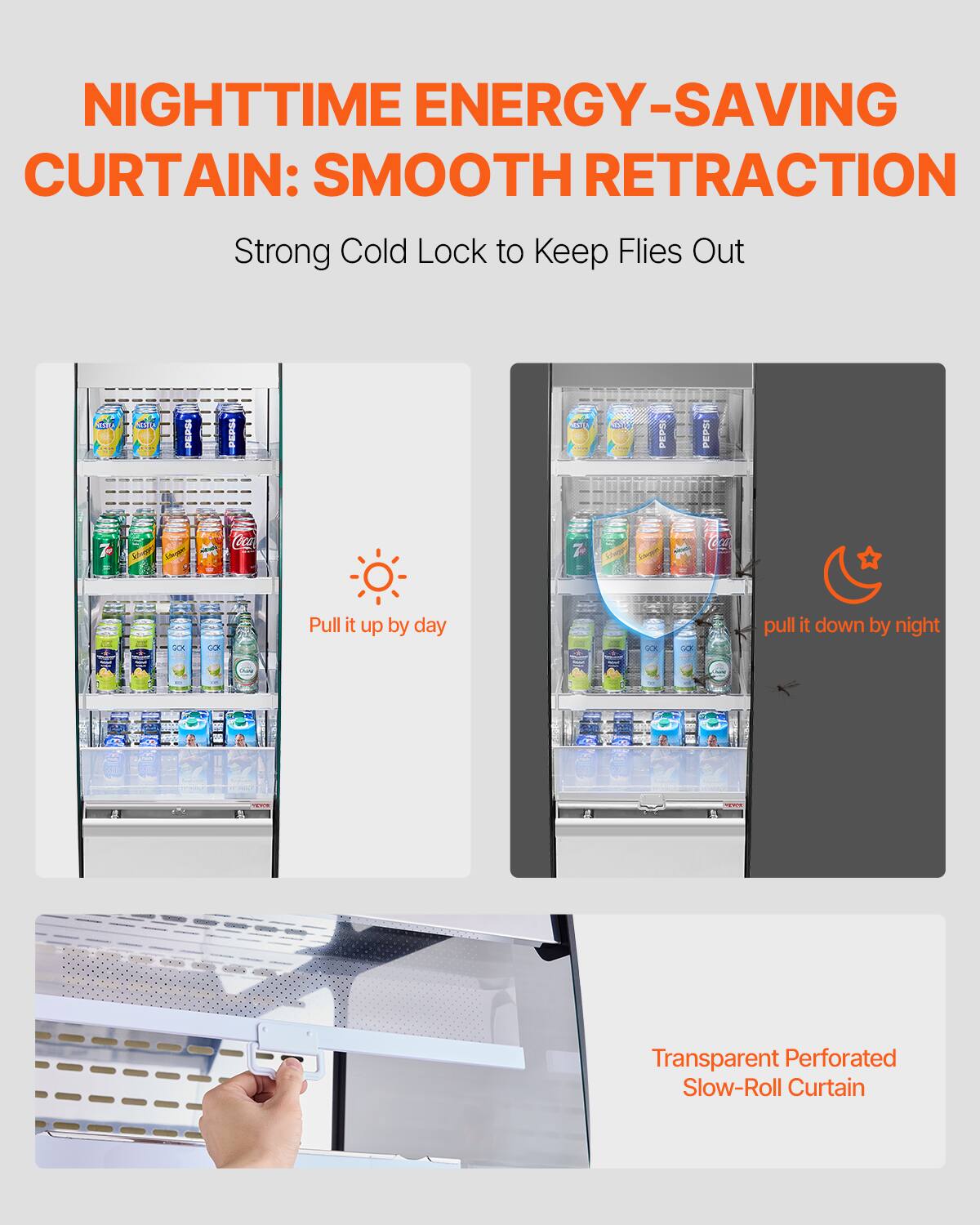 NIGHTTIME ENERGY-SAVING CURTAIN: SMOOTH RETRACTION  
Strong Cold Lock to Keep Flies Out  

Pull it up by day  
pull it down by night  

Transparent Perforated Slow-Roll Curtain