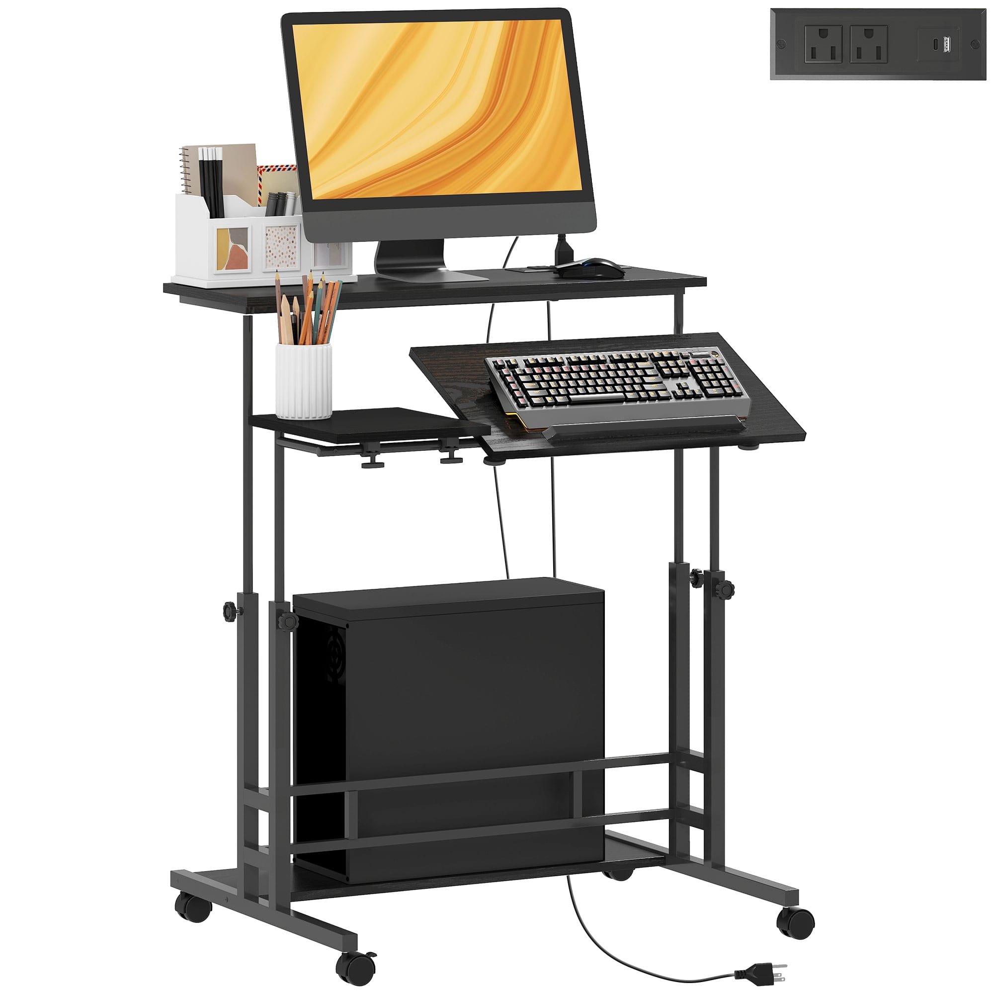Homcom - Height Adjustable Standing Desk with Power Outlets, Tiltable Top, Lockable Wheels, Rolling Workstation - Black