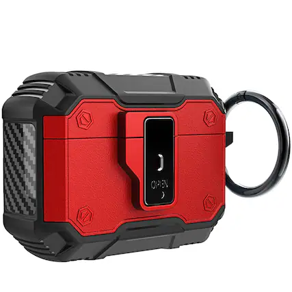 Front. UUCOVER - For AirPods Pro 3rd Gen (2025) Protective Case with Secure Button Lock and Metal Keychain, Shockproof Full-Body Cover - Red.