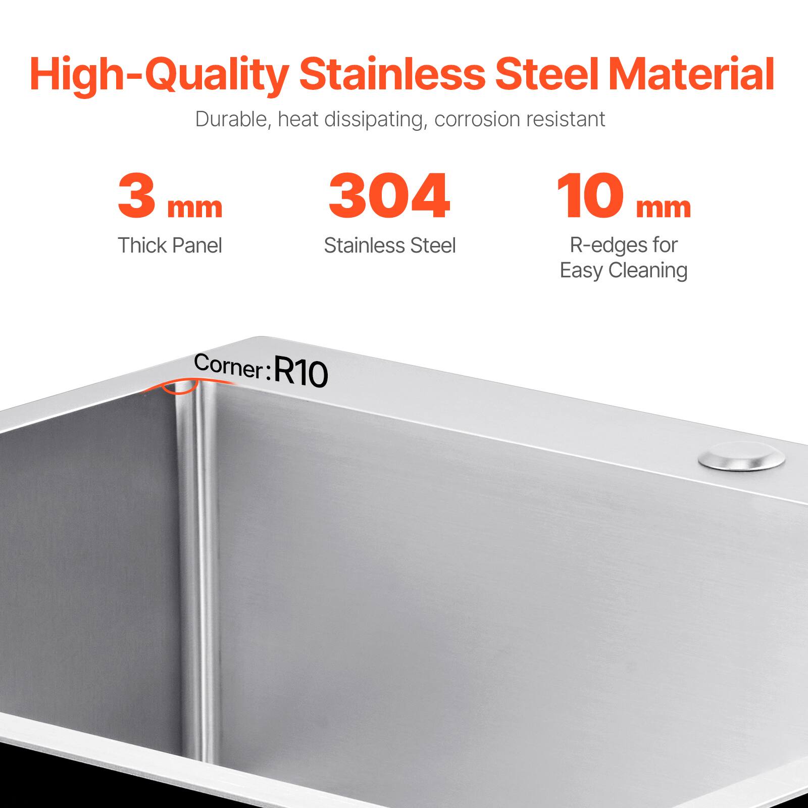 High-Quality Stainless Steel Material
Durable, heat dissipating, corrosion resistant
3 mm Thick Panel
304 Stainless Steel
10 mm R-edges for Easy Cleaning
Corner: R10