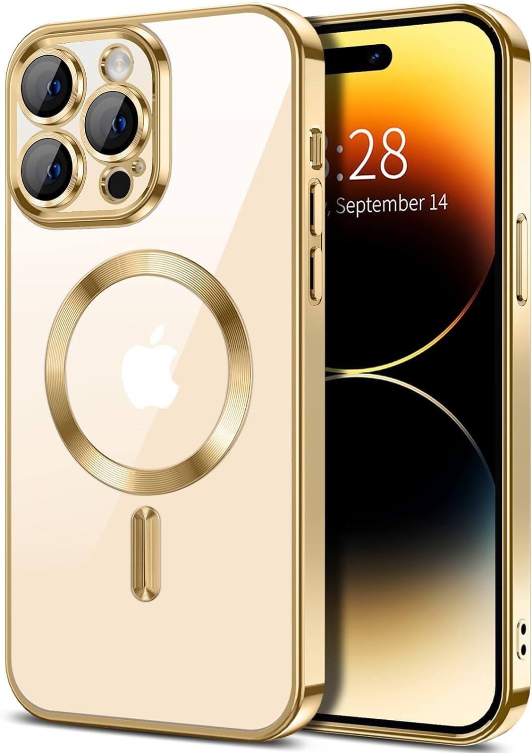 Front. Entronix - Entronix Magnetic Case for iPhone 14 Pro - Clear Back Luxury Glossy Cover - Gold.
