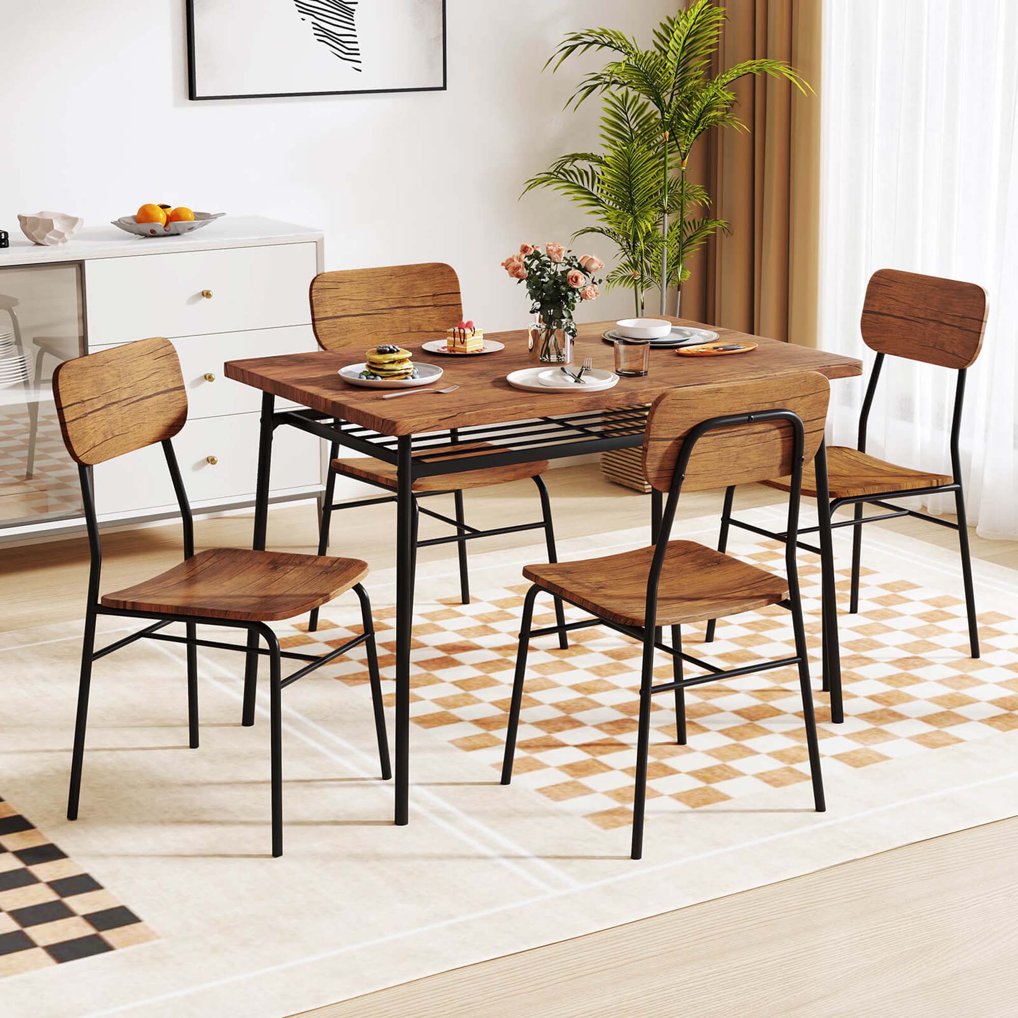 Alt View 3. Costway - Costway 5 PCS Wood Square Kitchen Table & Chair Set with Metal Frame Storage Rack - Brown.