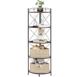 Vecelo - 5-Tier Corner Shelf With basket, Rustic Industrial Corner Bookshelf with Metal Frame for Living Room - Brown