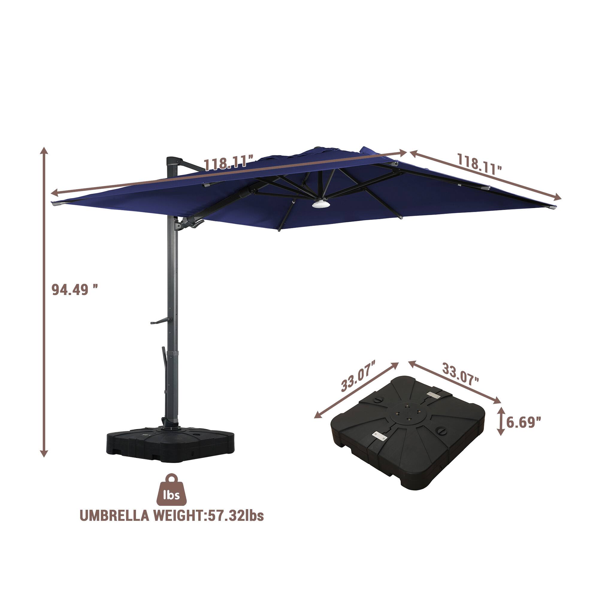 118.11"  
118.11"  
94.49"  
33.07"  
33.07"  
6.69"  
lbs  
UMBRELLA WEIGHT: 57.32lbs